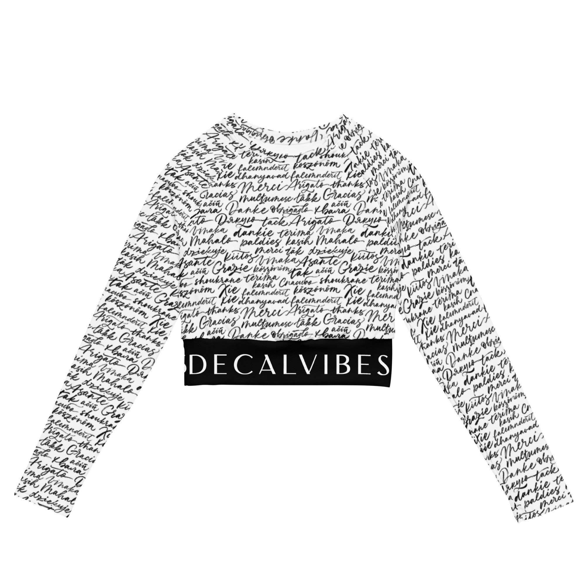 DECALVIBES Crop-Top Crop Top mit langen Ärmeln Ultimate Multilingual Calligraphy UPF 50+, lange Raglanärmel, Crop-Schnitt, recyceltes Material