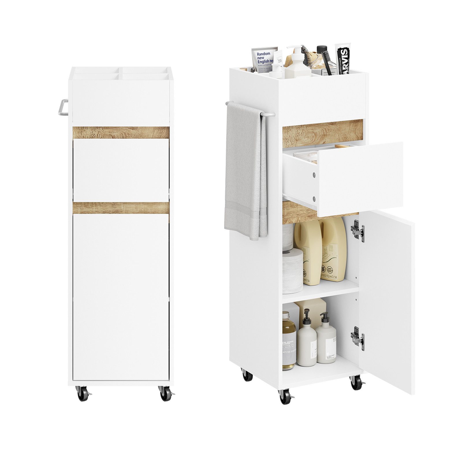 SoBuy Badregal BZR225, Badezimmerschrank schmal, Nischenregal mit Schublade, Rollbarer Unterschrank mit Tuchhalter und Einlegeböden für Badezimmer