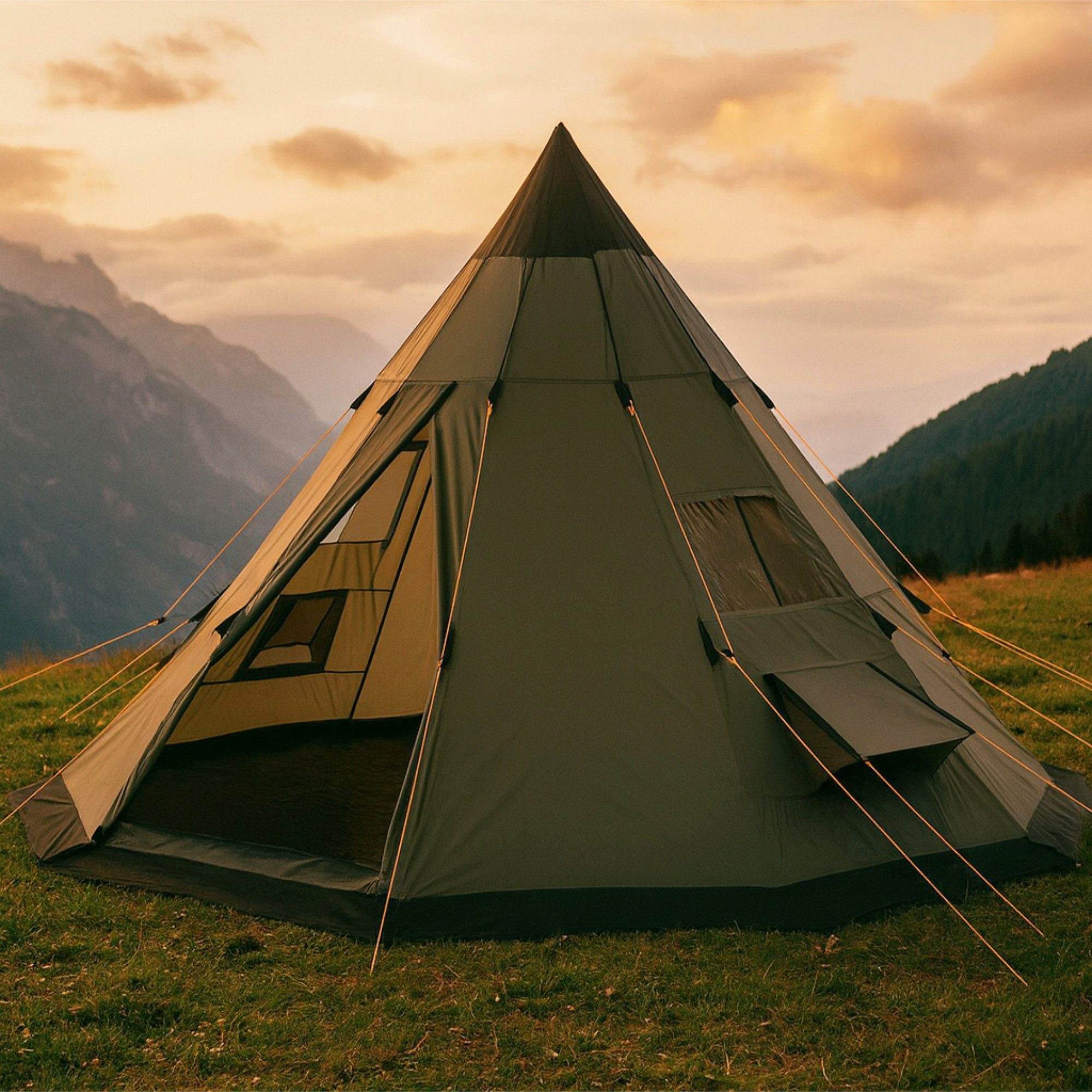 CampFeuer Tipi-Zelt Tipi Zelt Spirit für 4 Personen, 3000 mm Wassersäule, Olivgrün, Kegelz, Personen: 4