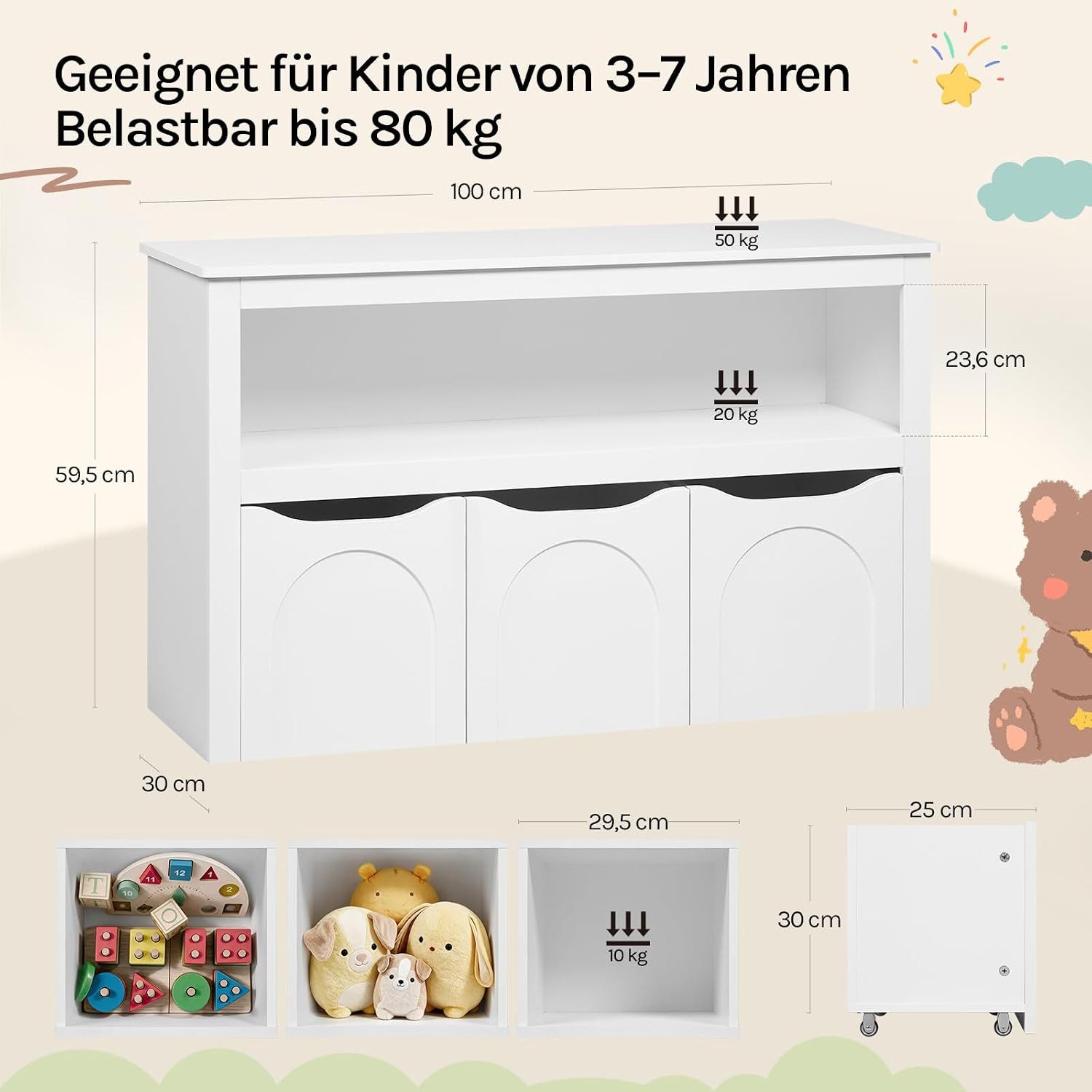Woltu Kinderregal, 1-tlg., Aufbewahrungsschrank mit Rollen Spielzeugschrank mit 3 Schubladen