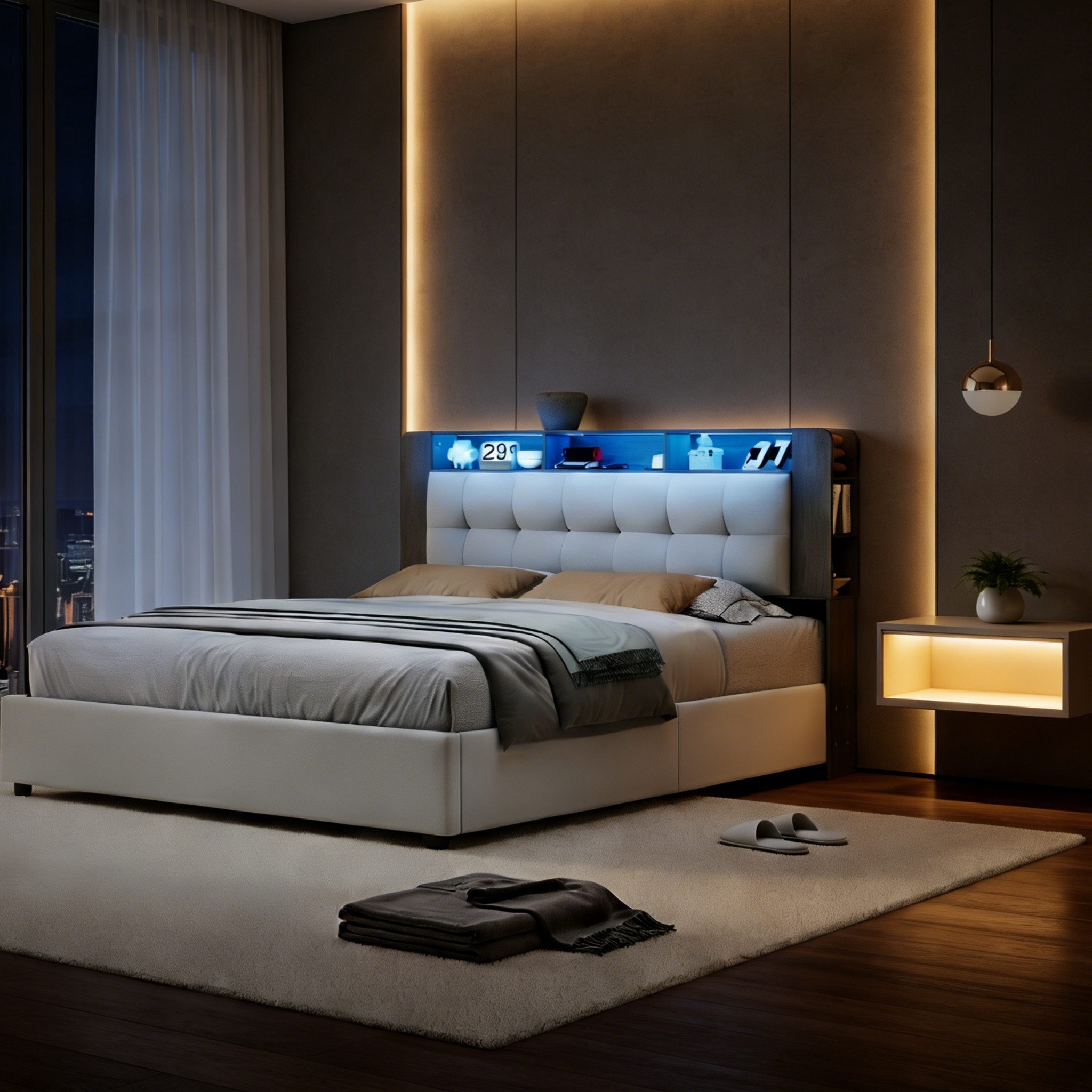 PXloue Polsterbett LED hydraulisches Doppelbett (Kopfteil mit integrierter kabelloser Ladefunktion), Boxspringbett, mit Stauraum und integrierter Beleuchtung,140x200 cm