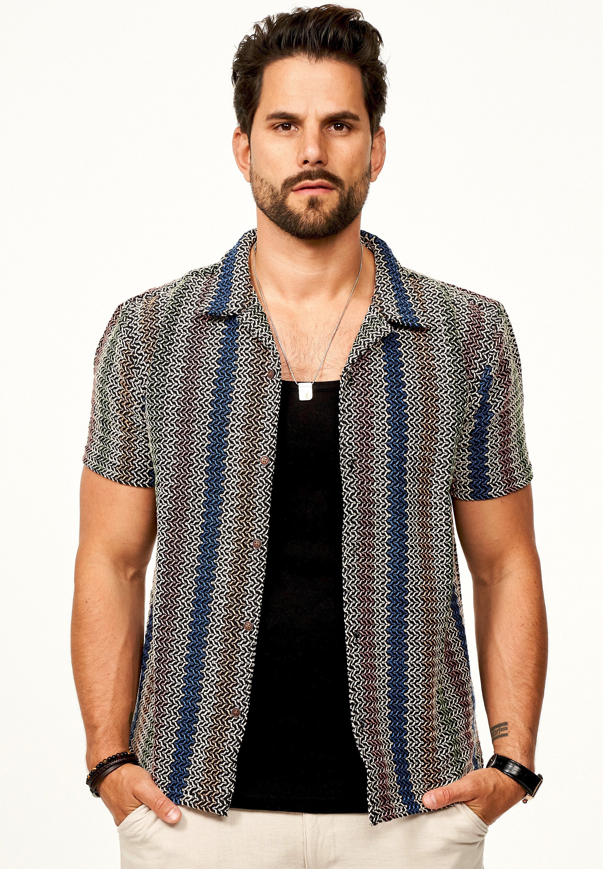 SOULSTAR Kurzarmhemd für Herren im Vintage Summer-Look als Kurzam Strick Hemd Strick Polo-Hemd T-Shirt im Regular-Fit Festival Hemd