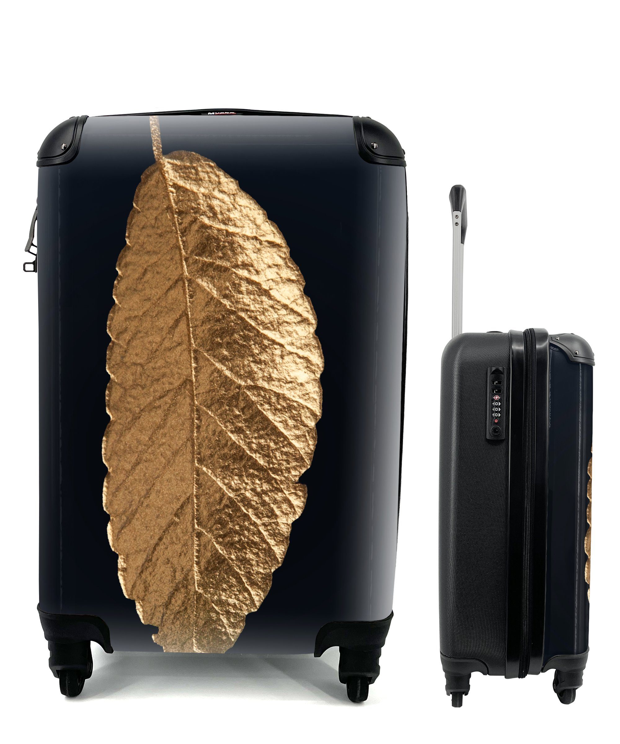 Reisekoffer für Ferien, Gold - Luxus - mit - Natur, 4 Rollen, Blätter Handgepäckkoffer - Schwarz Handgepäck MuchoWow Reisetasche rollen, Trolley,