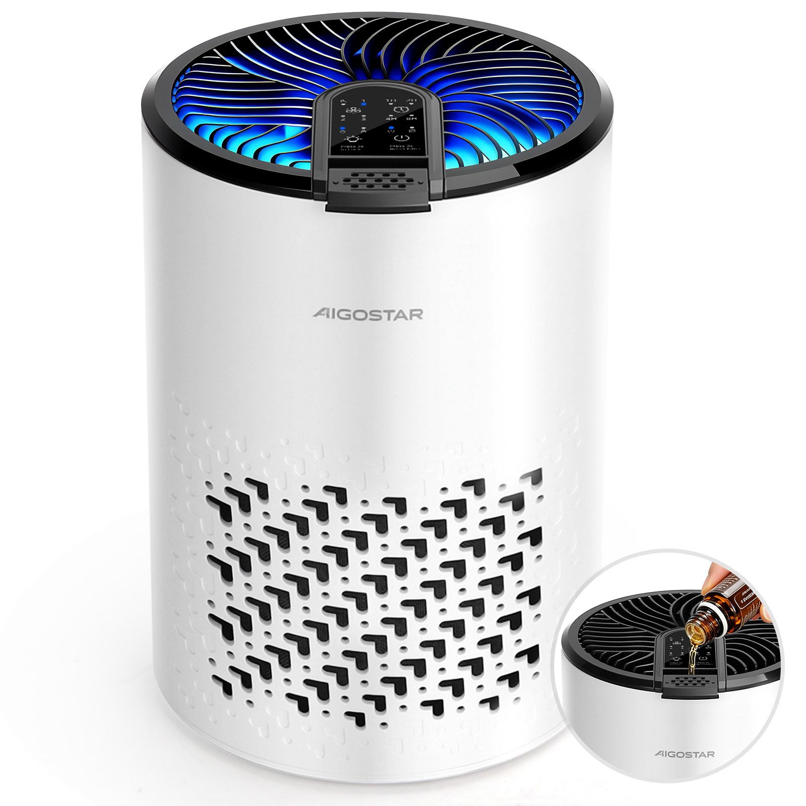 Aigostar Luftfilter 15dB Luftreiniger Energiesparend, 4-fach HEPA-Filter& Profi-Aktivkohle, 15dB Air Purifier, mit Schlafmodus, Aromatherapie, Energiesparend