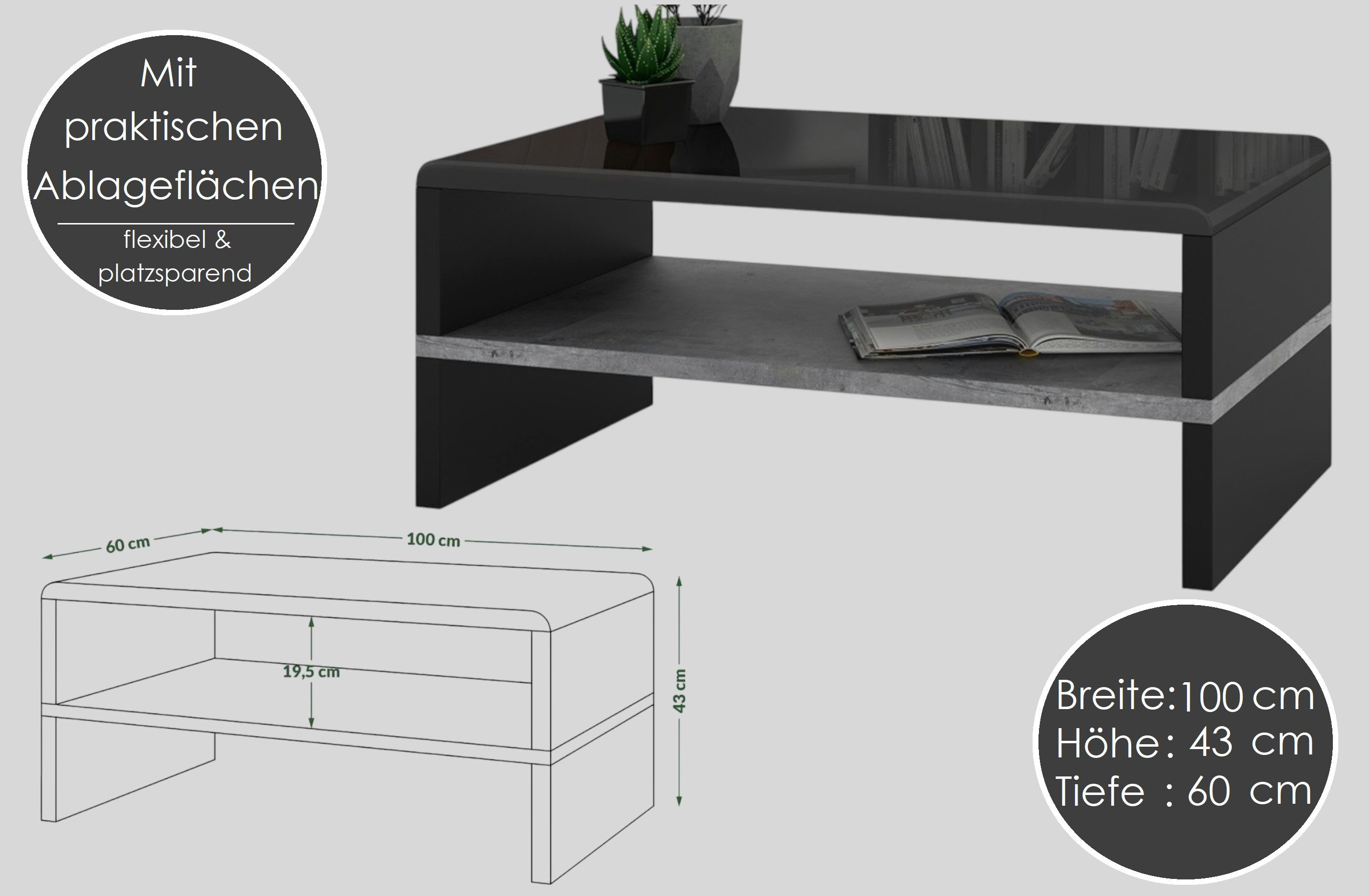 Mazzoni Couchtisch Design Rock Tisch Weiß Hochglanz / Beton Wohnzimmertisch 100x60x43cm