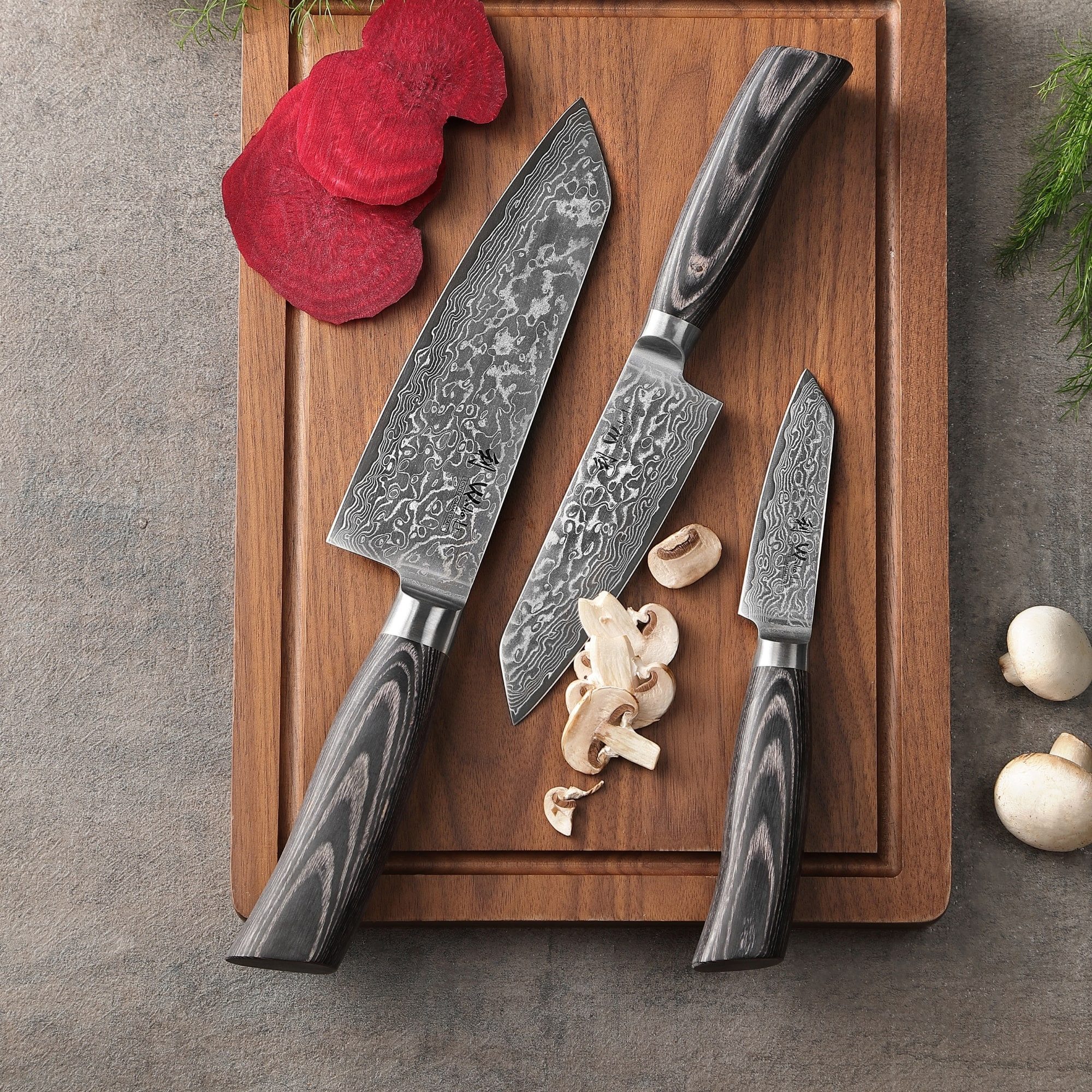 Wakoli Messer-Set Edib Pro Black 3 Damastmesser 9 -17cm Klingen Pakkaholzgriffe (Damastmesser mit Geschenkbox, 3-tlg., 3er Damastmesser-Set mit Holzbox), Aus 67 Lagen Damaststahl, VG-10 Stahlkern