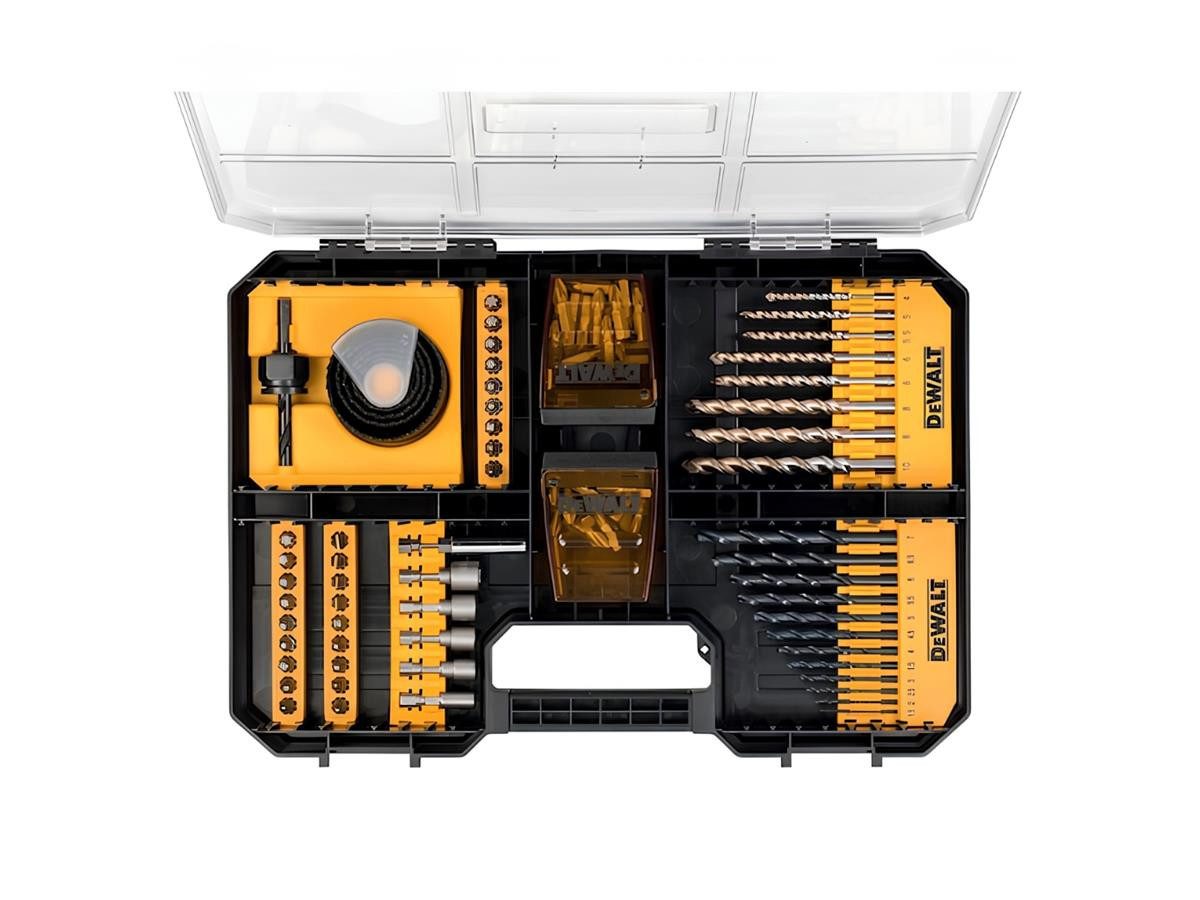 DeWalt Bohrer- und Bit-Set Universal-Set 100-tlg. TSTAK kompatibel, (Set), Stein- und Metallbohrer, Lochsägen, Steckschlüssel u. Schraubendreher