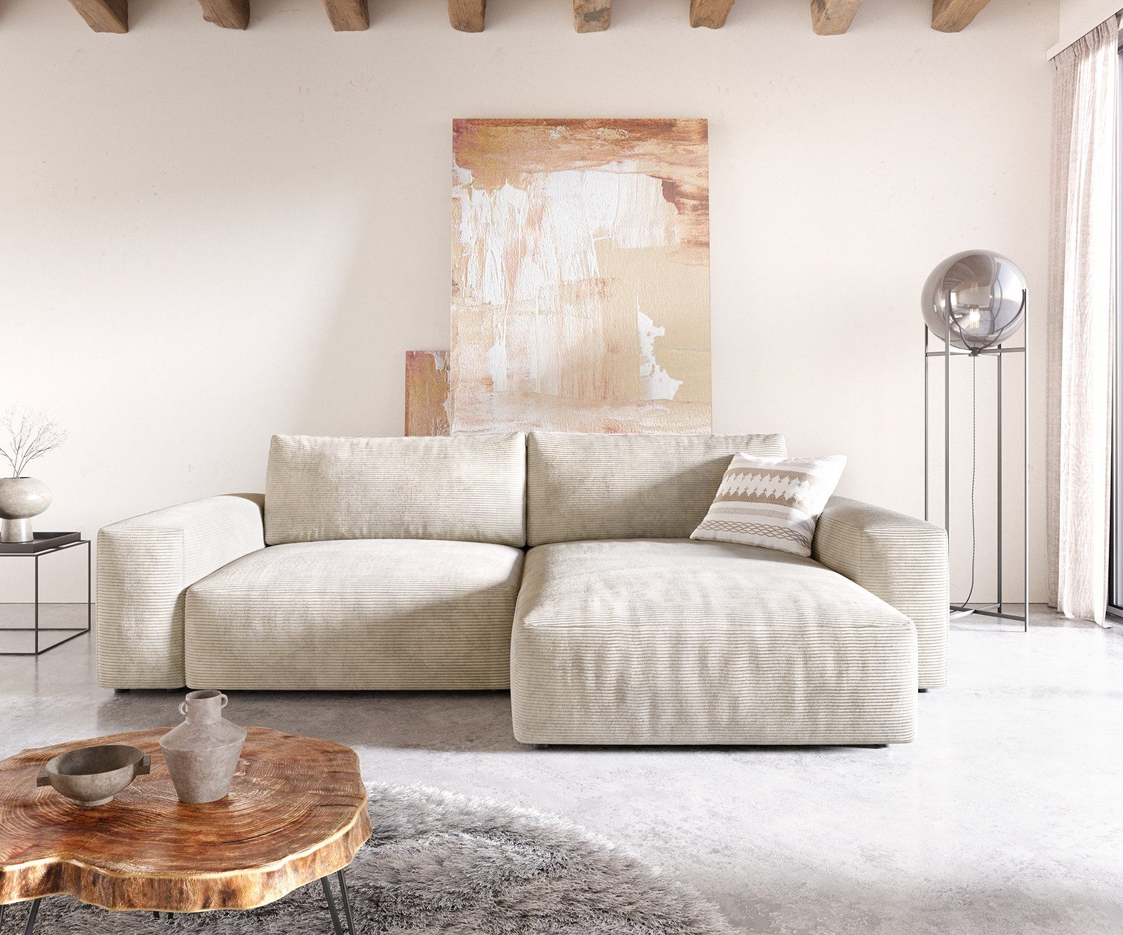 DELIFE Ecksofa Lanzo, XL Cord Beige 270x180 cm Recamiere variabel günstig online kaufen