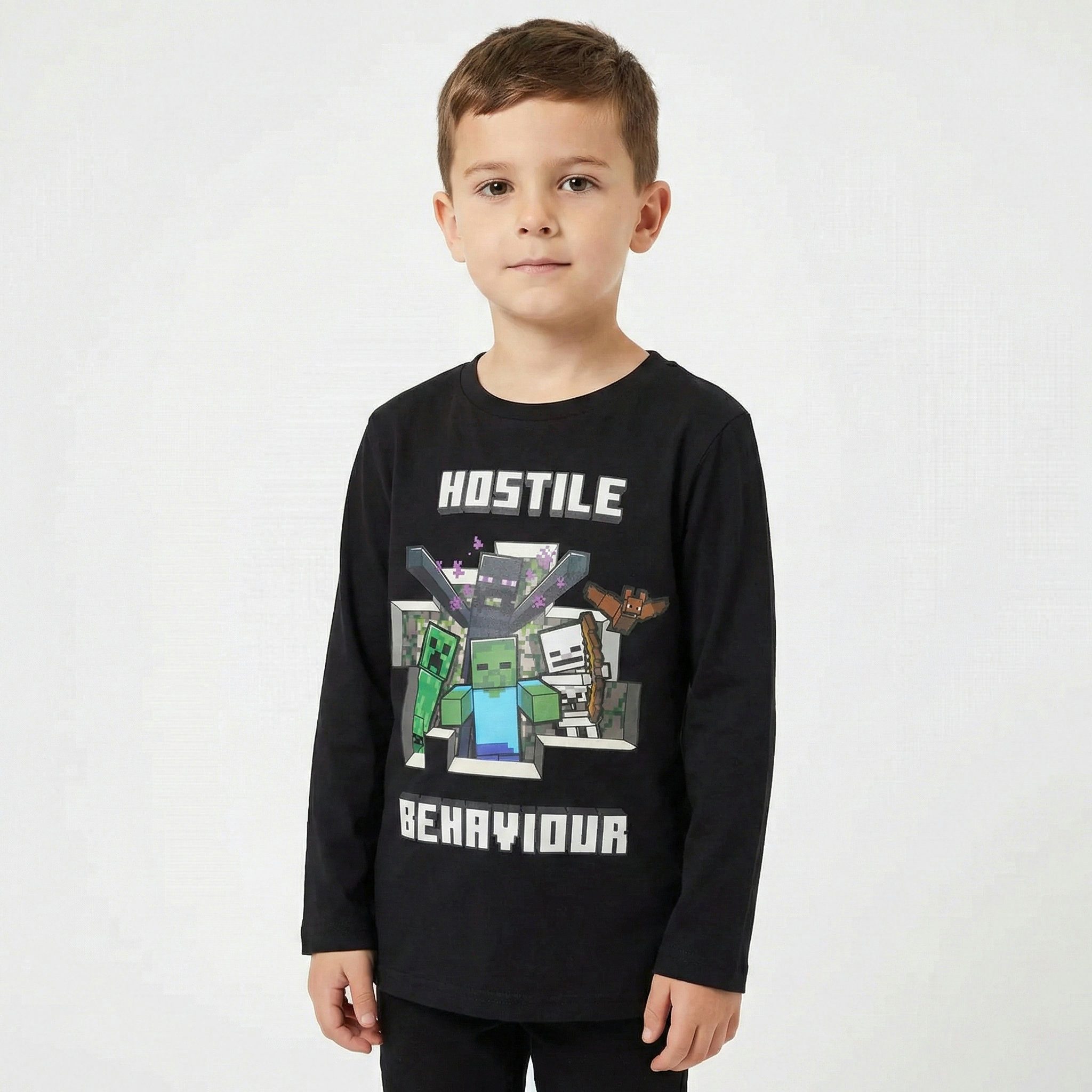 Minecraft Langarmshirt Minecraft Enderman Spieler Gamer Kinder langarm Shirt Gr. 116 bis 152, Baumwolle, in Schwarz