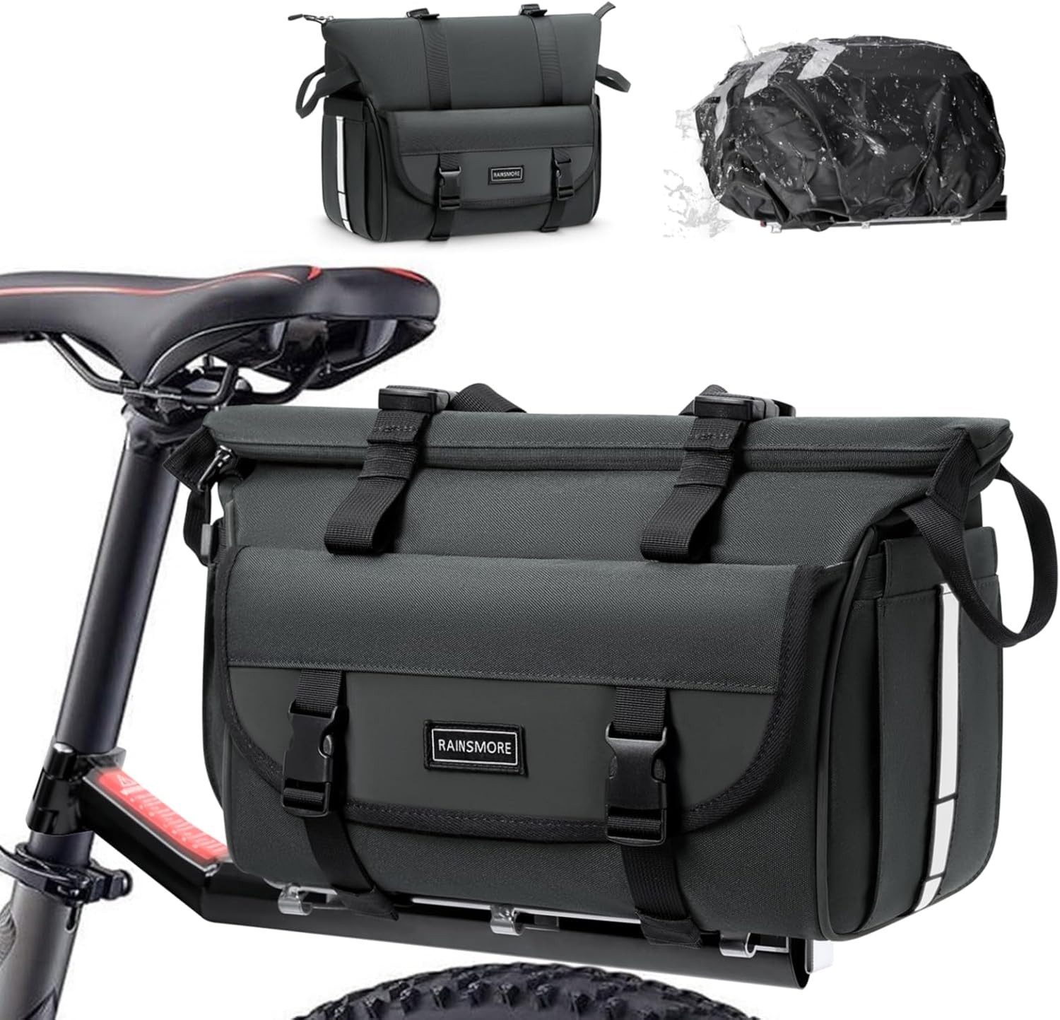 RAINSMORE Fahrradtasche Fahrradtasche 18L 3in1 mit Regenhülle Schultergurt Schwarz Grau (Wasserabweisend reflektierend 3in1 Nutzung mit Tragegurt 18L, Fahrradtasche mit Hauptfach Seitentaschen Innenfächer Regenhülle), Wasserabweisend reflektierend 3in1 Nu