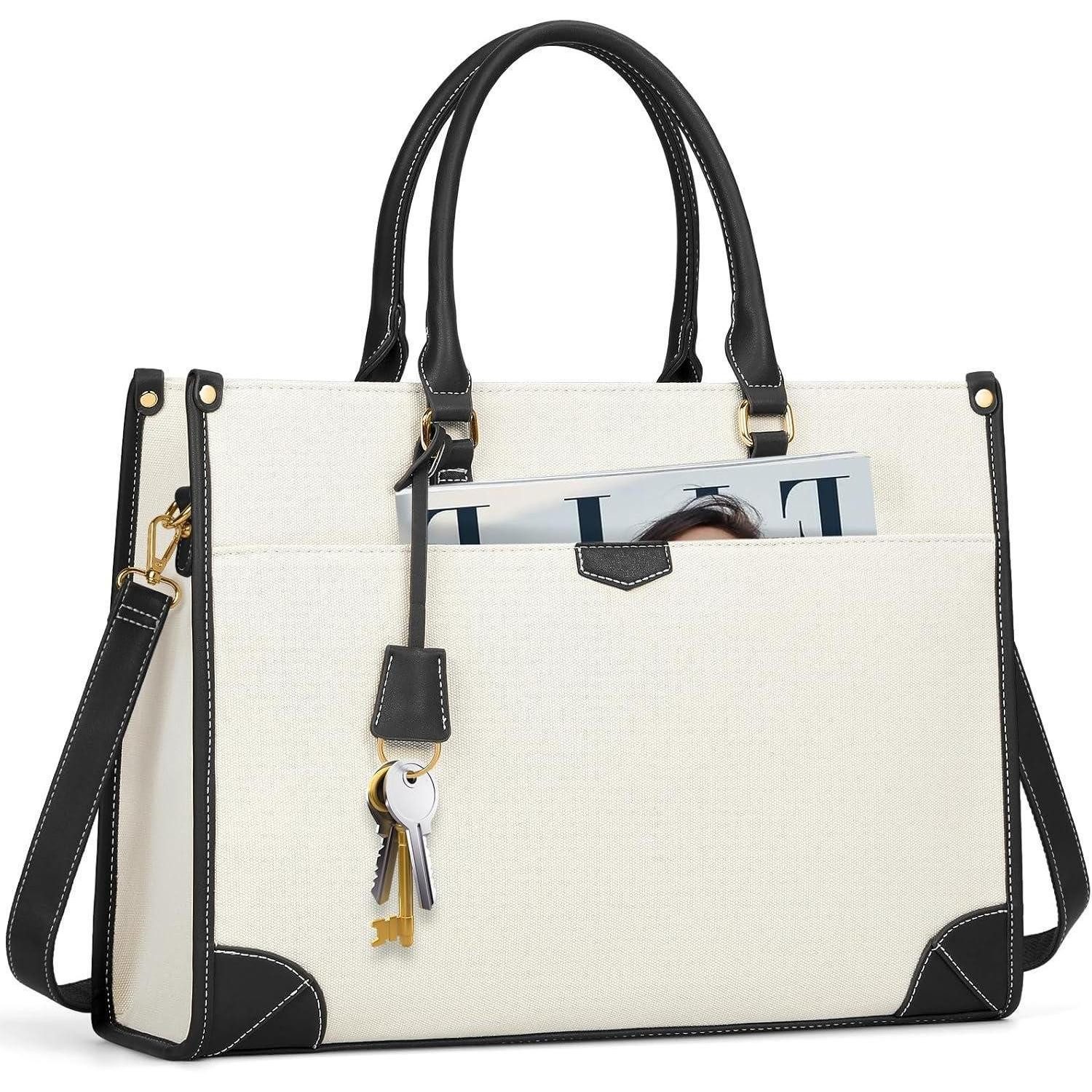 LuxusKollektion Laptoptasche Handtasche Shopper Damen Canvas Laptoptasche 15,6Zoll Schwarz & Beige