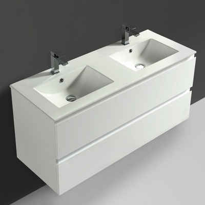 Alpenberger Waschtisch mit Unterschrank - Badmöbel Gäste WC Waschbecken mit Unterschrank (Farbe Weiß, Doppelwaschbecken mit Organizer), Vormontiertes Badmöbel-Set, Doppelwaschtisch 120 cm Breit