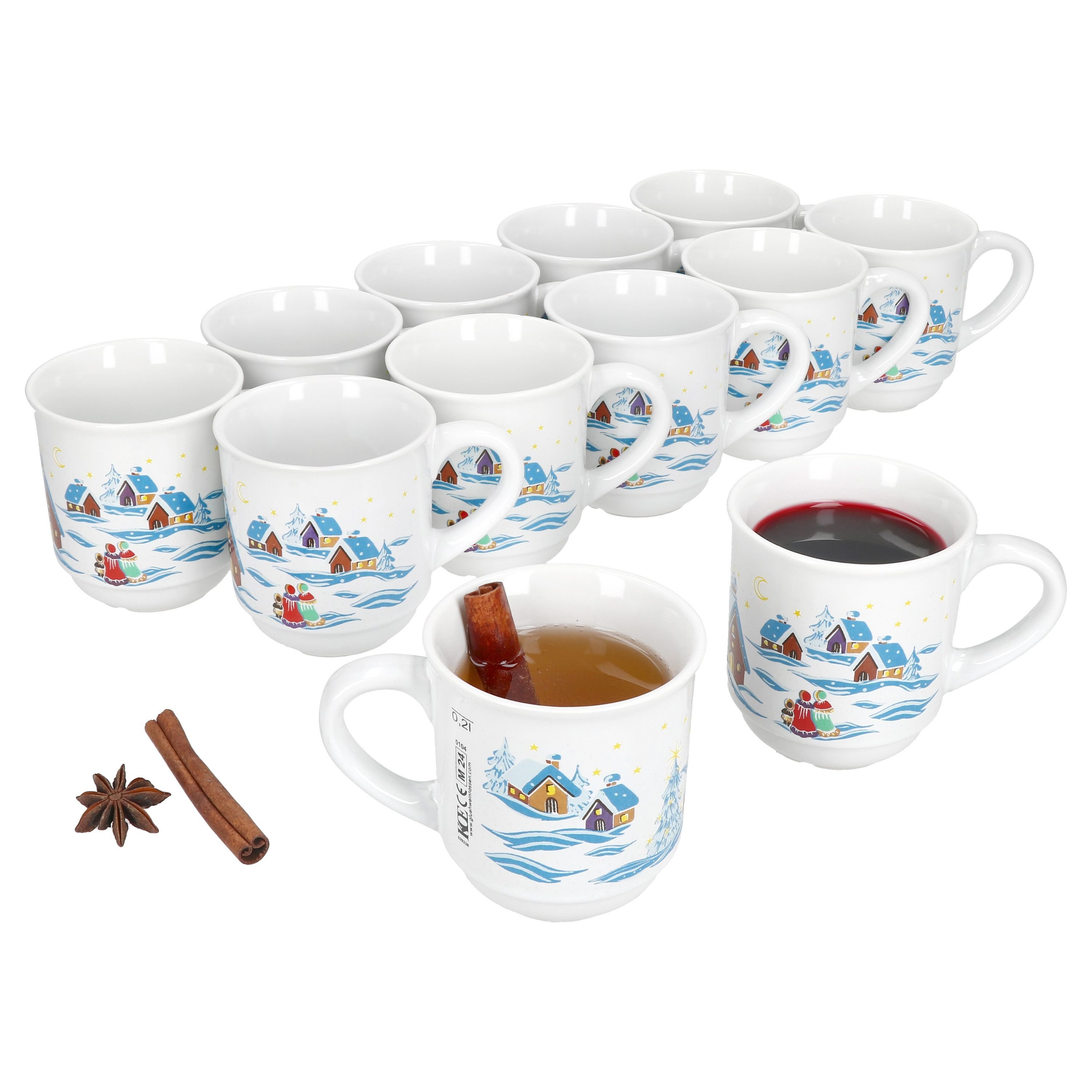 MamboCat Tasse 12x Glühweinbecher 0,2L weiß Weihnachtslandschaft Glühweintassen, Keramik, Weihnachtsgeschirr, Weihnachten, geeicht, Weihnachtsmarkt