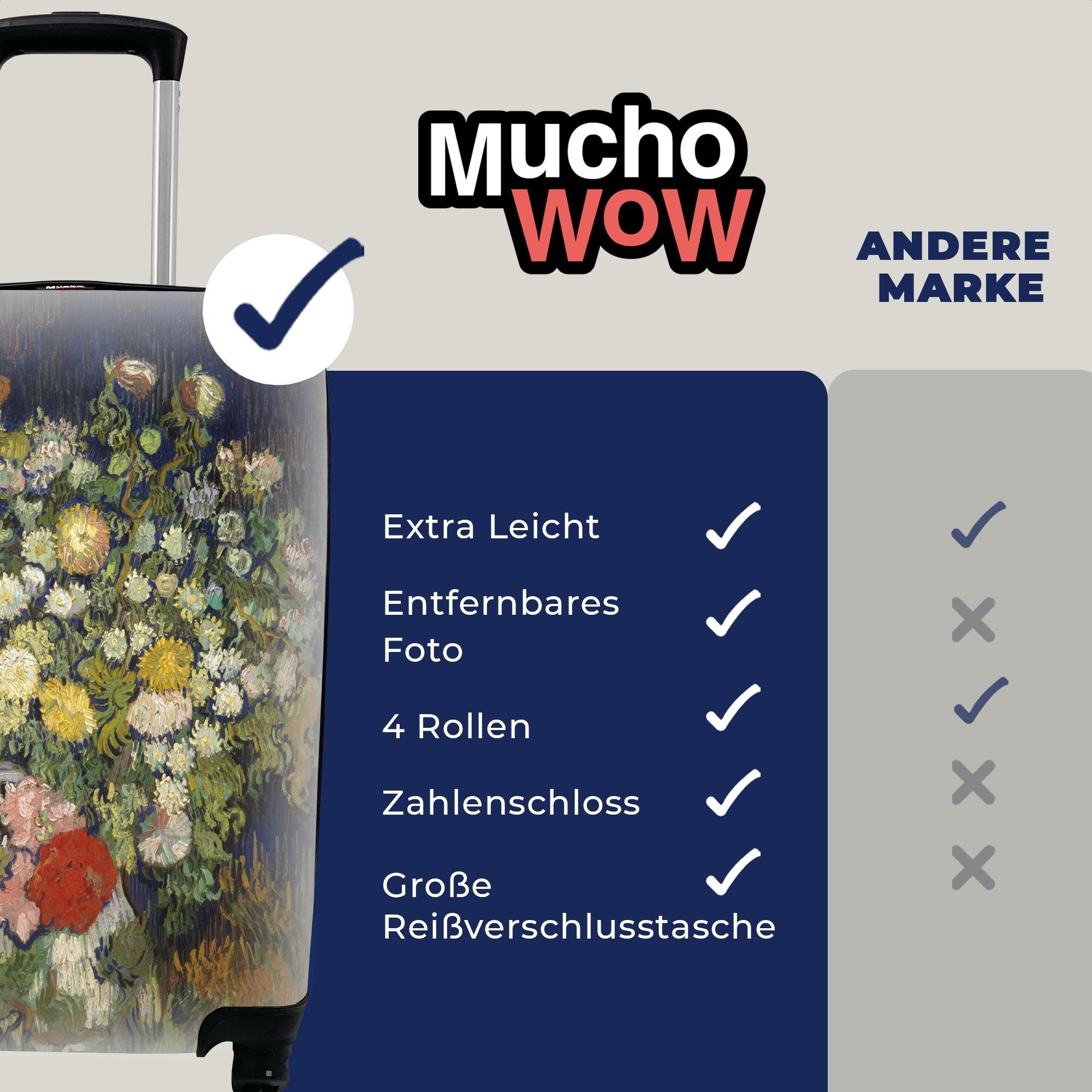 MuchoWow Handgepäckkoffer van in Blumenstrauß Reisetasche Gogh, Handgepäck - Trolley, Rollen, Vincent rollen, für Vase Reisekoffer mit 4 Ferien, einer