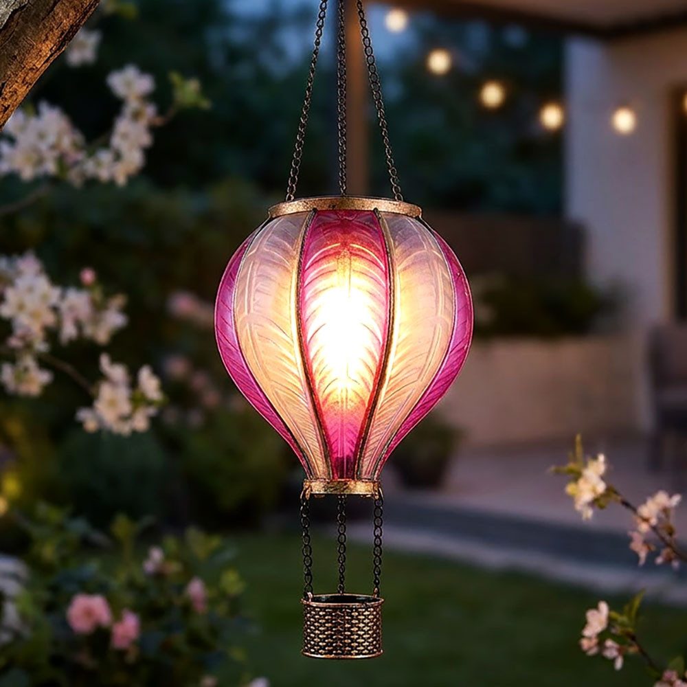 GLOBO LIGHTING LED Solarleuchte, LED-Leuchtmittel fest verbaut, Warmweiß, Solarlampe Außenleuchte Heißluftballon Feuereffekt pink H 46,5 cm