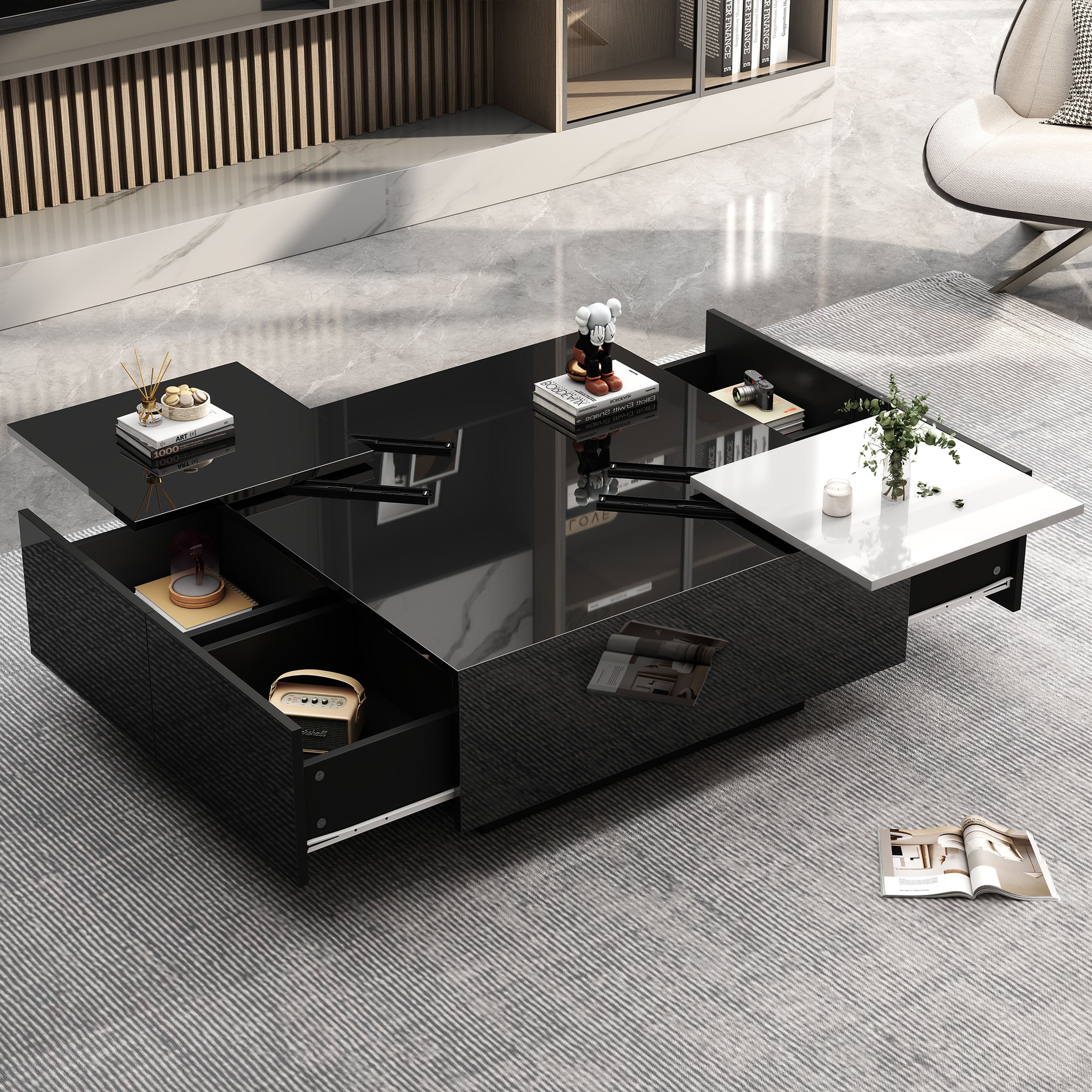 BlingBin Couchtisch Hochglänzender Quadratischer Kaffeetisch mit Schubladen günstig online kaufen