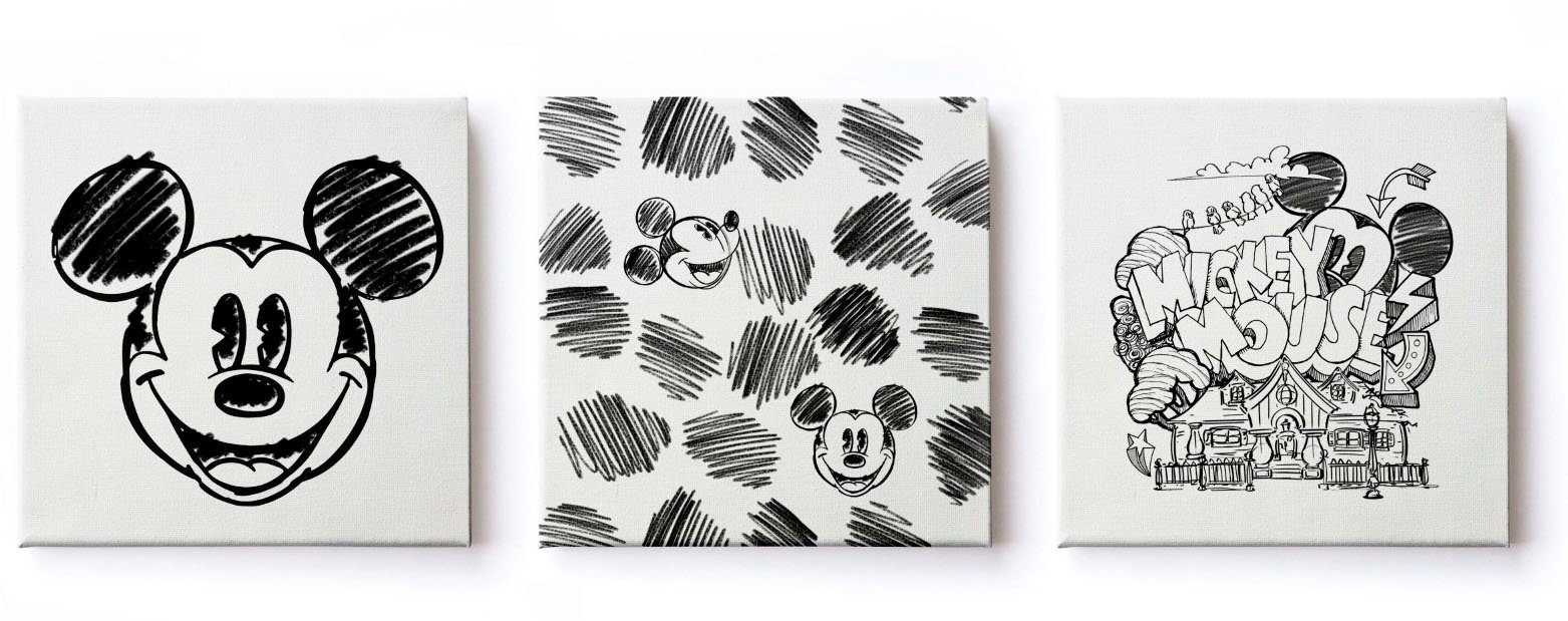 Disney Leinwandbild Leinwandbilder Set of 3 Mickey Mouse Sketch 3/30x30cm,  (Packung, 3 St) | Leinwandbilder