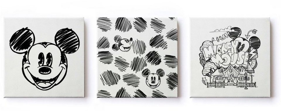 Disney Leinwandbild Leinwandbilder Set of 3 Mickey Mouse Sketch 3/30x30cm,  (Packung, 3 St)