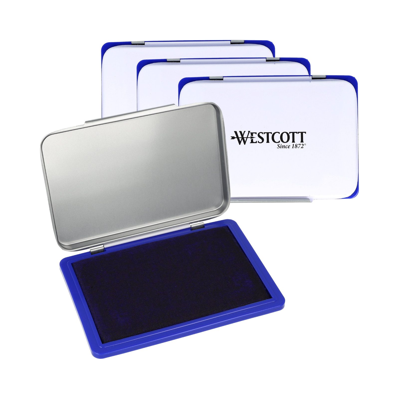 WESTCOTT No. 2 Blau (4er-Set), 7 x 11 cm Stempelkissen in Metallgehäuse Stempelkissen (Vorteilspack, 4-tlg., Vorgetränkt und nachfüllbar)