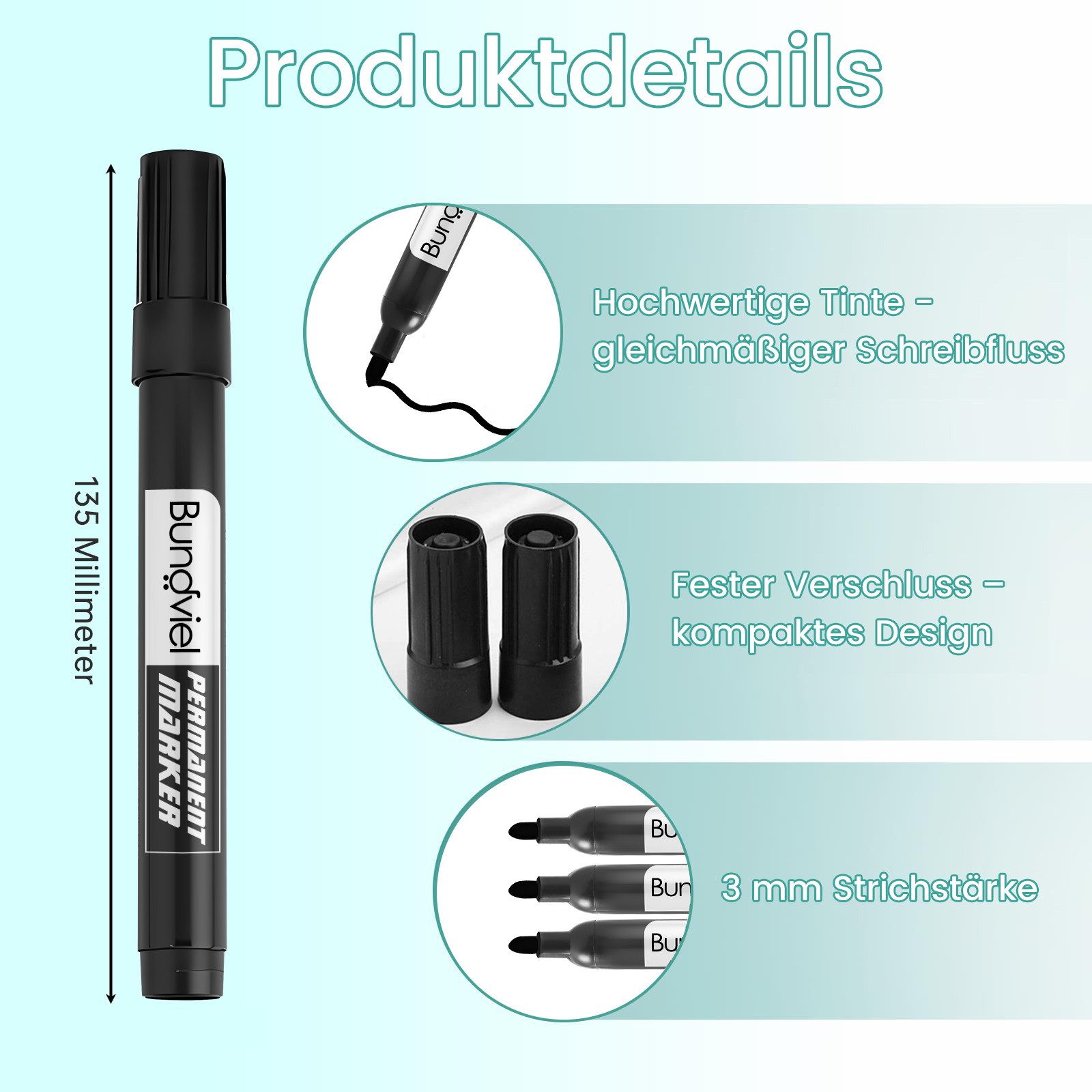 Bundviel Permanentmarker 50 xPermanent Marker Filzstift,schwarz Rundspitze ca.3 mm Wasserfest