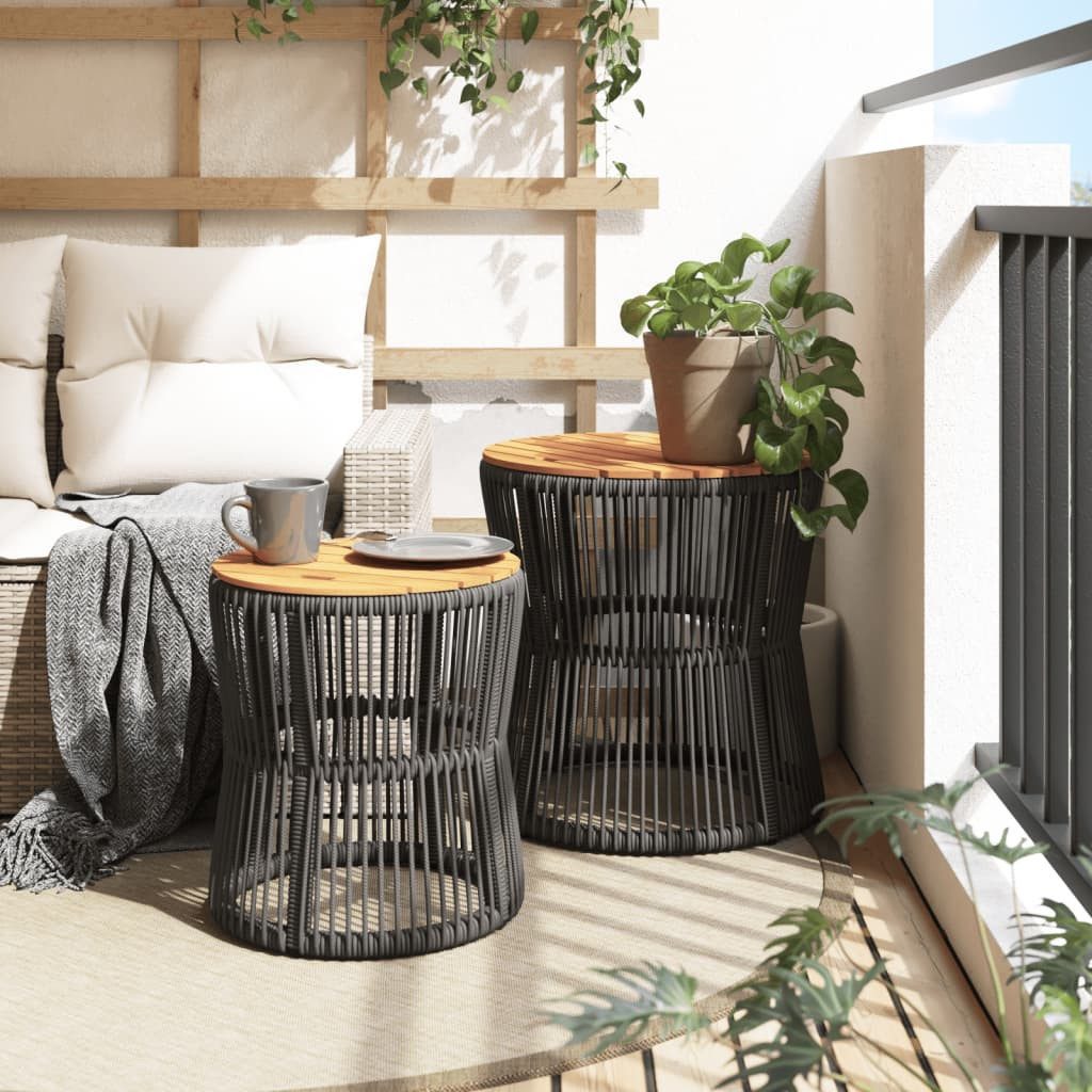 vidaXL Gartentisch Garten-Beistelltische 2 Stk. mit Holzplatte Grau Poly Rattan (1-St)