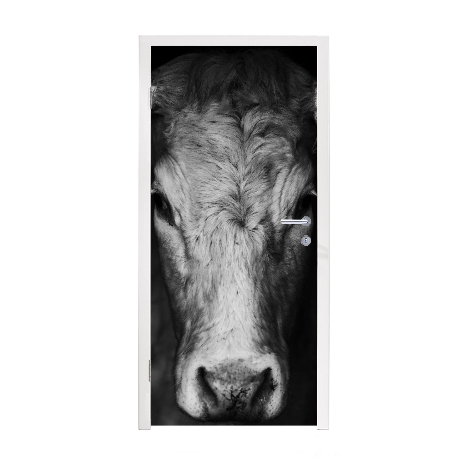 MuchoWow Türtapete Tiere - Kuh - Schwarz - Weiß - Kuhkopf, Matt, bedruckt, (1 St), Fototapete für Tür, Türaufkleber, 75x205 cm