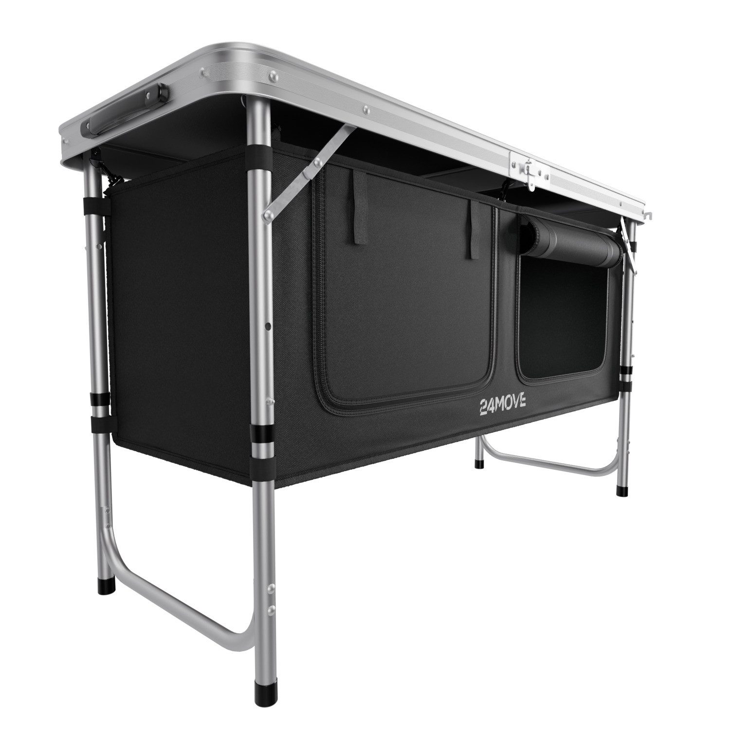 24Move Campingschrank Campingküche PRAIA Outdoorküche Alu (faltbar, höhenverstellbar, tragbar) mit Arbeitsplatte und Staufächern