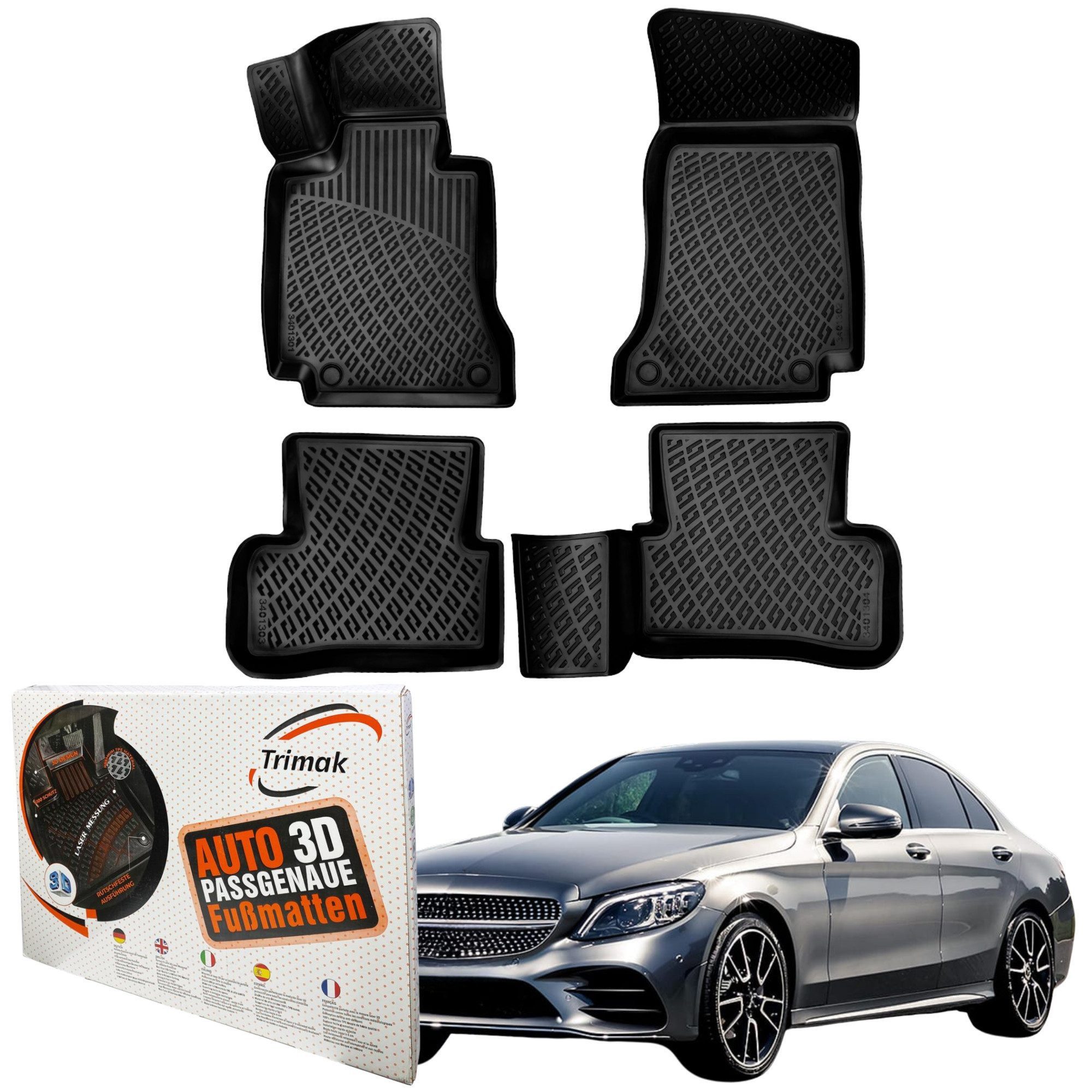 Trimak Auto-Fußmatten Oder Kofferraumwanne Oder Set kompatibel mit Mercedes C Klasse, Mercedes C Klasse W205 / S205 2014-2021 Gummimatten Auto TPE
