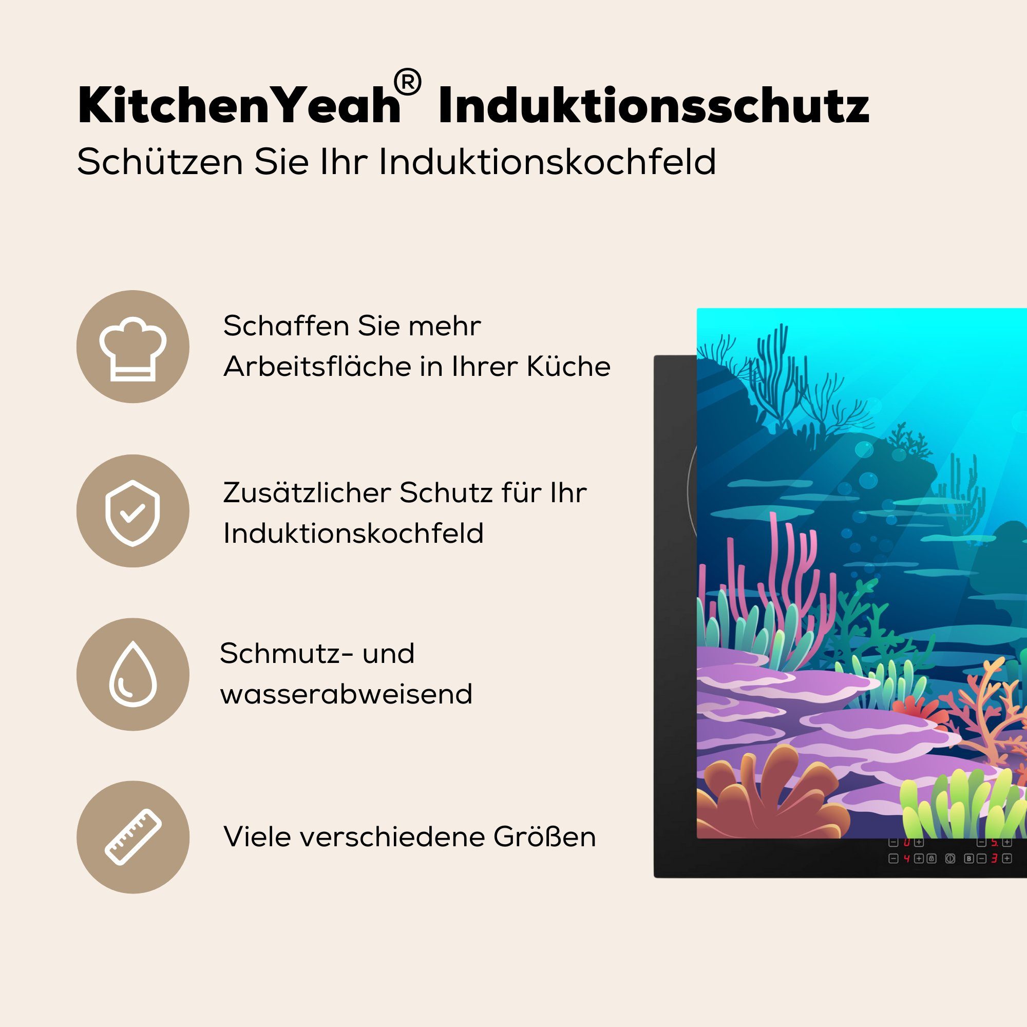 Korallen Herdblende-/Abdeckplatte - (1 Meer tlg), küche, - Unterwasserwelt - für Induktionskochfeld Vinyl, MuchoWow die Schutz Illustration, 81x52 cm, Ceranfeldabdeckung