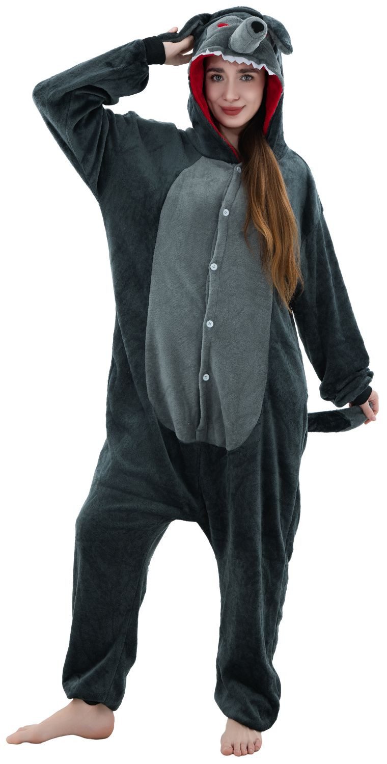 Corimori Partyanzug Onesie Ganzkörper Kostüm für Erwachsene, Werwolf-Kostüm Halloween Karneval Tier-Kostüme Werwolf Wolf grau,XL