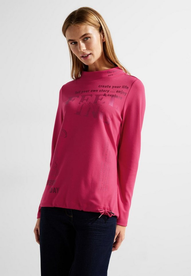 Cecil Langarmshirt Langarmshirt mit Wording Stehkragen, Wording mit  Ziersteinchen, Tunnelzug im Bund