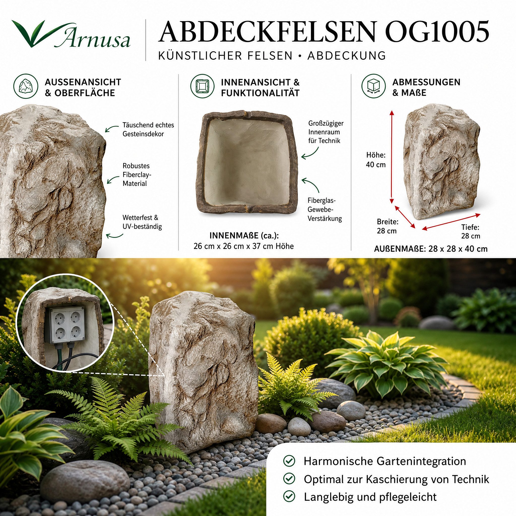 Arnusa Dekosteine Abdeckfelsen Tafohaus OG1005 Gartenfelsen Beet Deko, (Findling, Felsen künstlich), Pumpen Abdeckung Kunststein