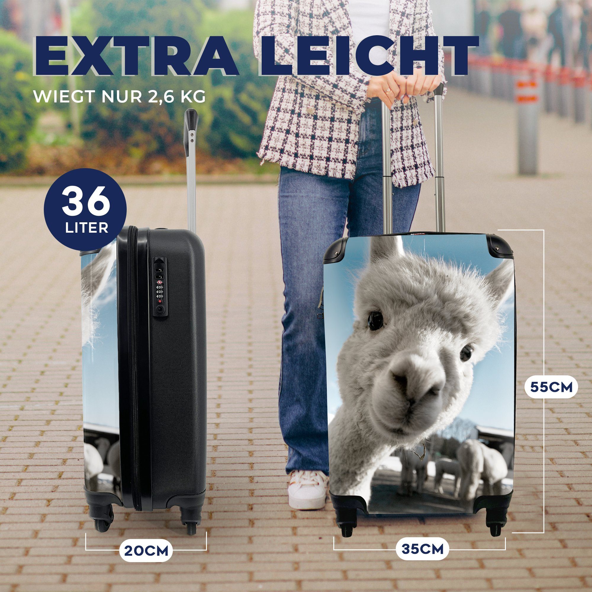 MuchoWow Handgepäckkoffer Alpaka - Weiß - Tier, 4 Rollen, Reisetasche mit rollen, Handgepäck für Ferien, Trolley, Reisekoffer