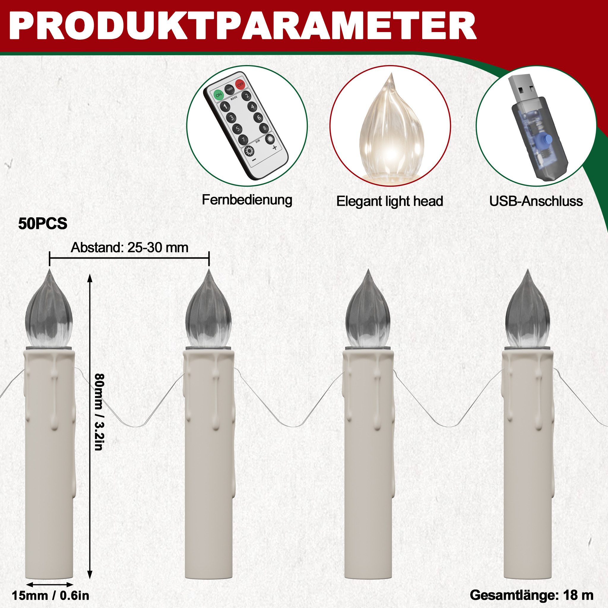 FIVMEN LED-Kerze 50er Weihnachtskerzen Flammenlose Dimmbar Kerzen mit Fernb günstig online kaufen