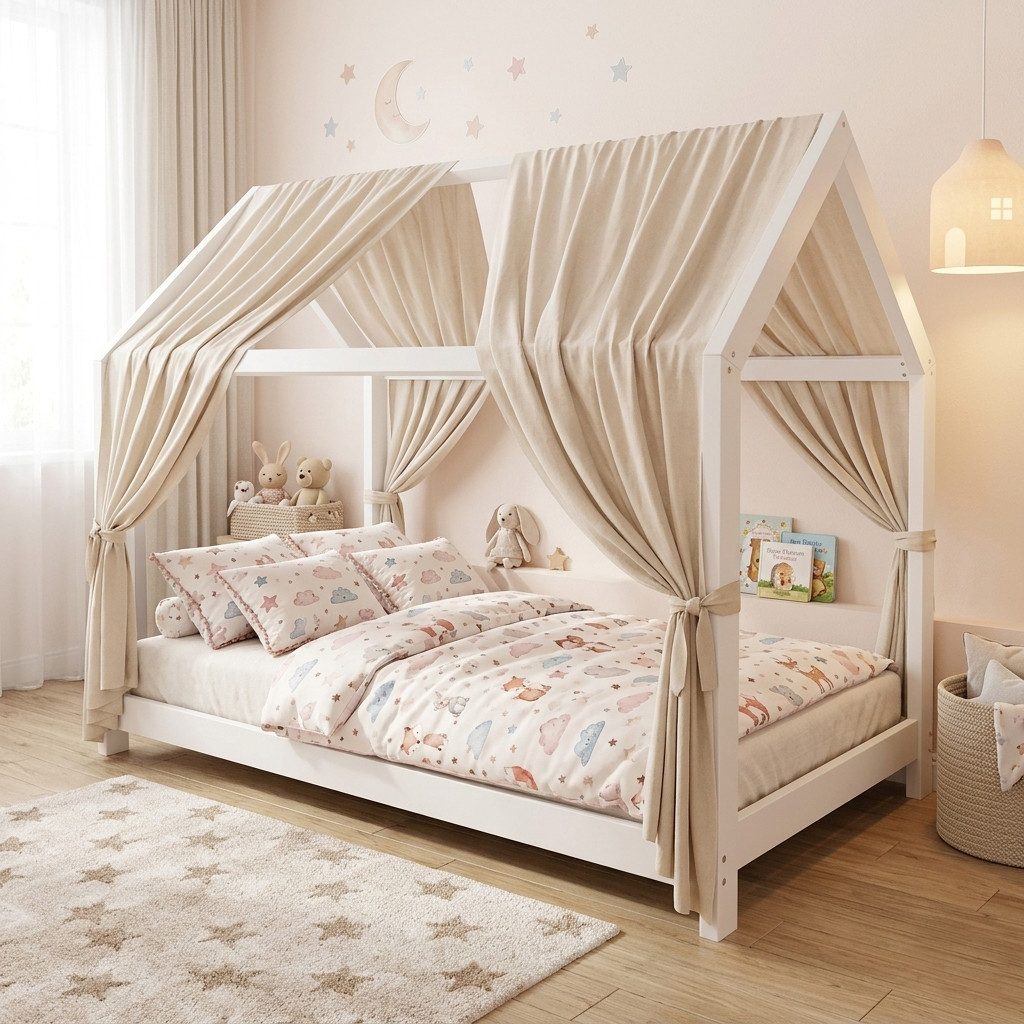 Puckdaddy GmbH Hausbett Kinderbett 90x200 aus Kiefernholz in weiß, Kinder- und Jugendbett, Hausbett 90x200, Juniorbett 90x200, weißes Holzbett mit Dach