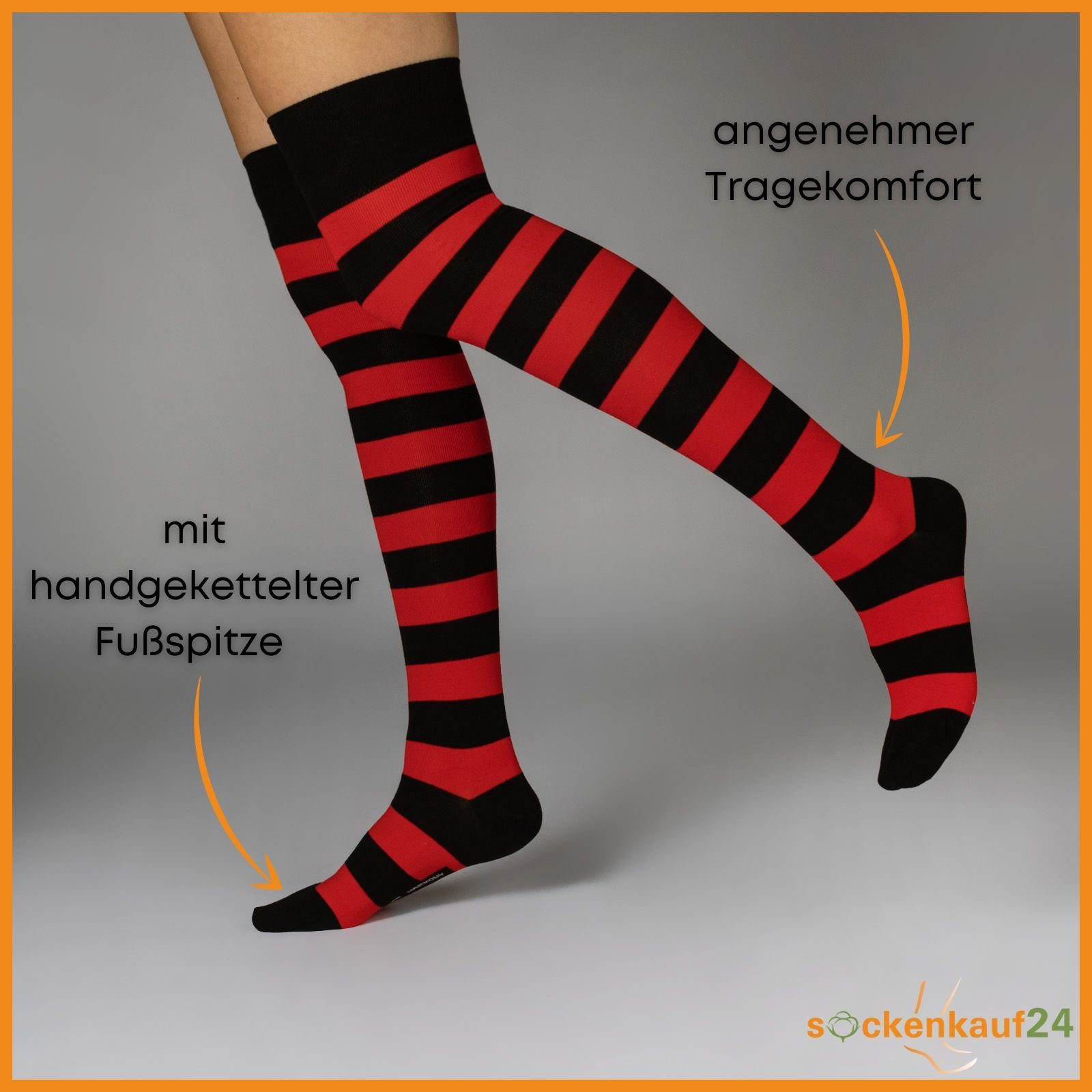sockenkauf24 Overknees 2 Paar Overknee Strümpfe Damen Kniestrümpfe (Ringel Schwarz/Rot, 39-42) Schwarz Bunt Ringel Baumwolle - 10723 WP