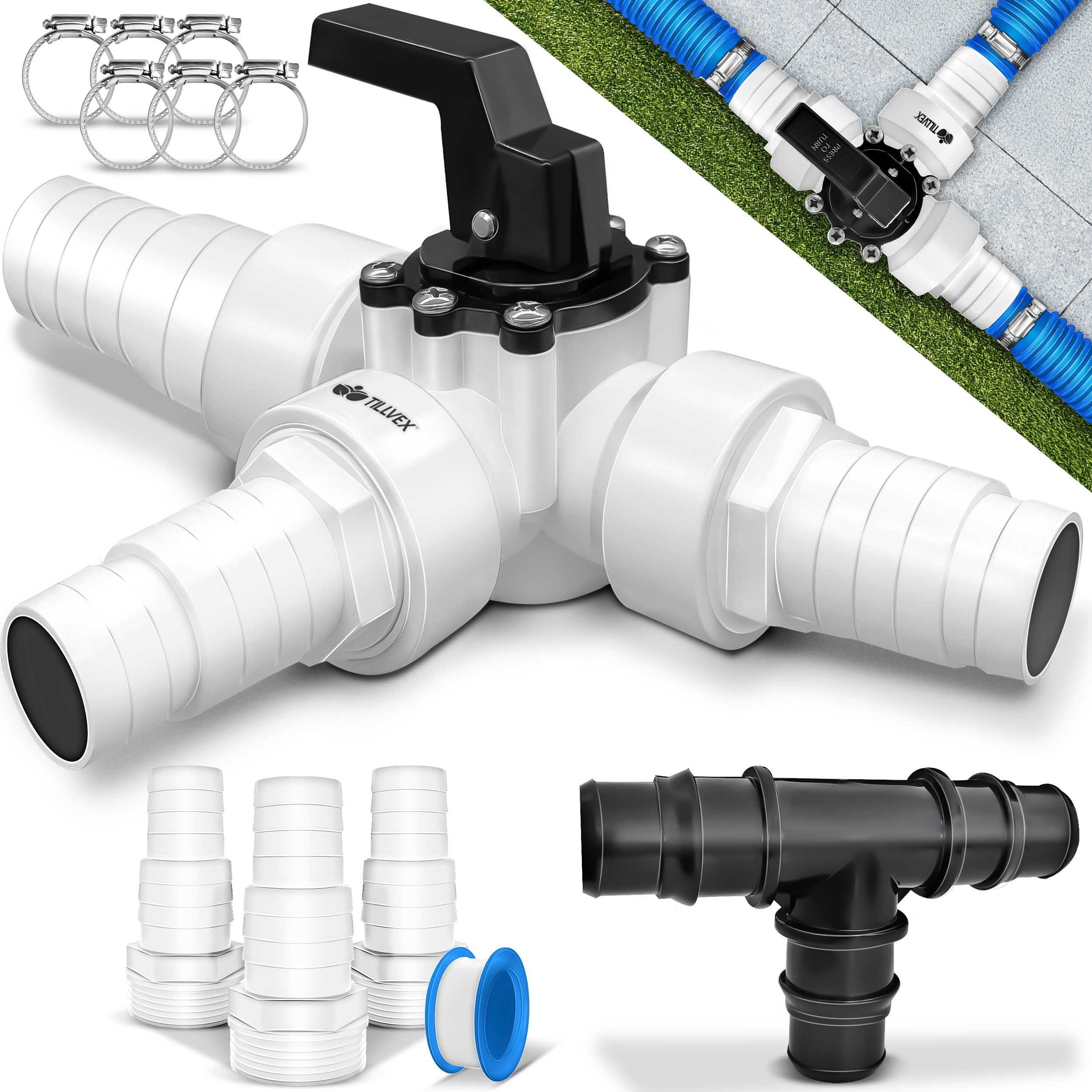 tillvex Gartentisch tillvex® Bypass Set Pool Solarheizung Poolheizung Heizung Solarkollekt (ideal für Sandfilteranlagen, Wärmepumpen & Poolheizung, 3-Wege-Ventil & ABS-Adapter, 6x Schellen & 8m Isolierband), Bypass Set Pool 12-TLG. - Ø32 & 38 mm Anschluss