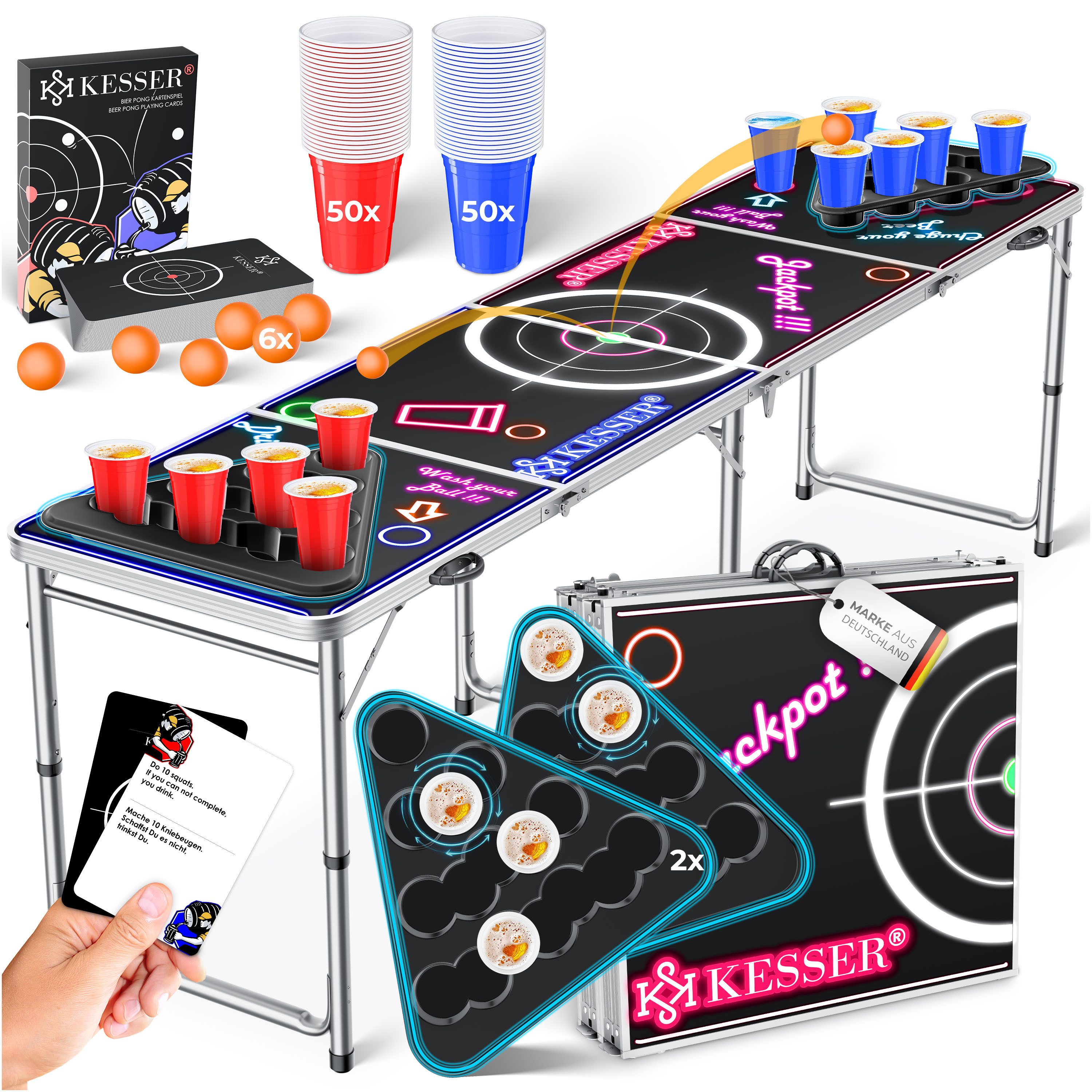 KESSER Spieltisch Bier Pong Tisch, Spiel-Set mit Kartenspiel, LED, 100 Becher & 6 Bälle, Bierpong Tisch inkl. Regelwerk, Kartenspiel, 100 Becher & 6 Bälle