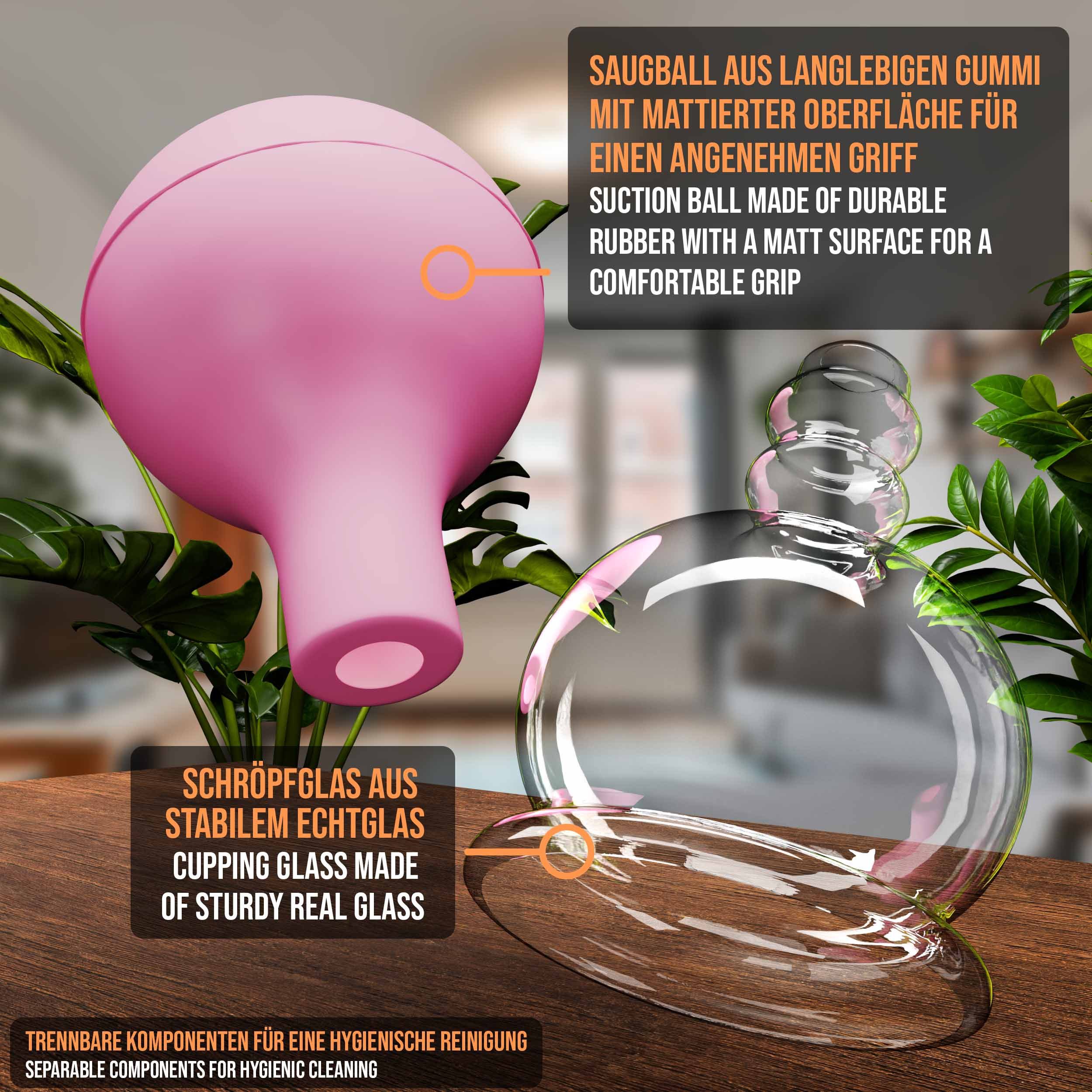 pulox Vakuum-Massager Schröpfglas aus Echtglas mit Saugball - Diverse Farben und Größen, 32mm Pink
