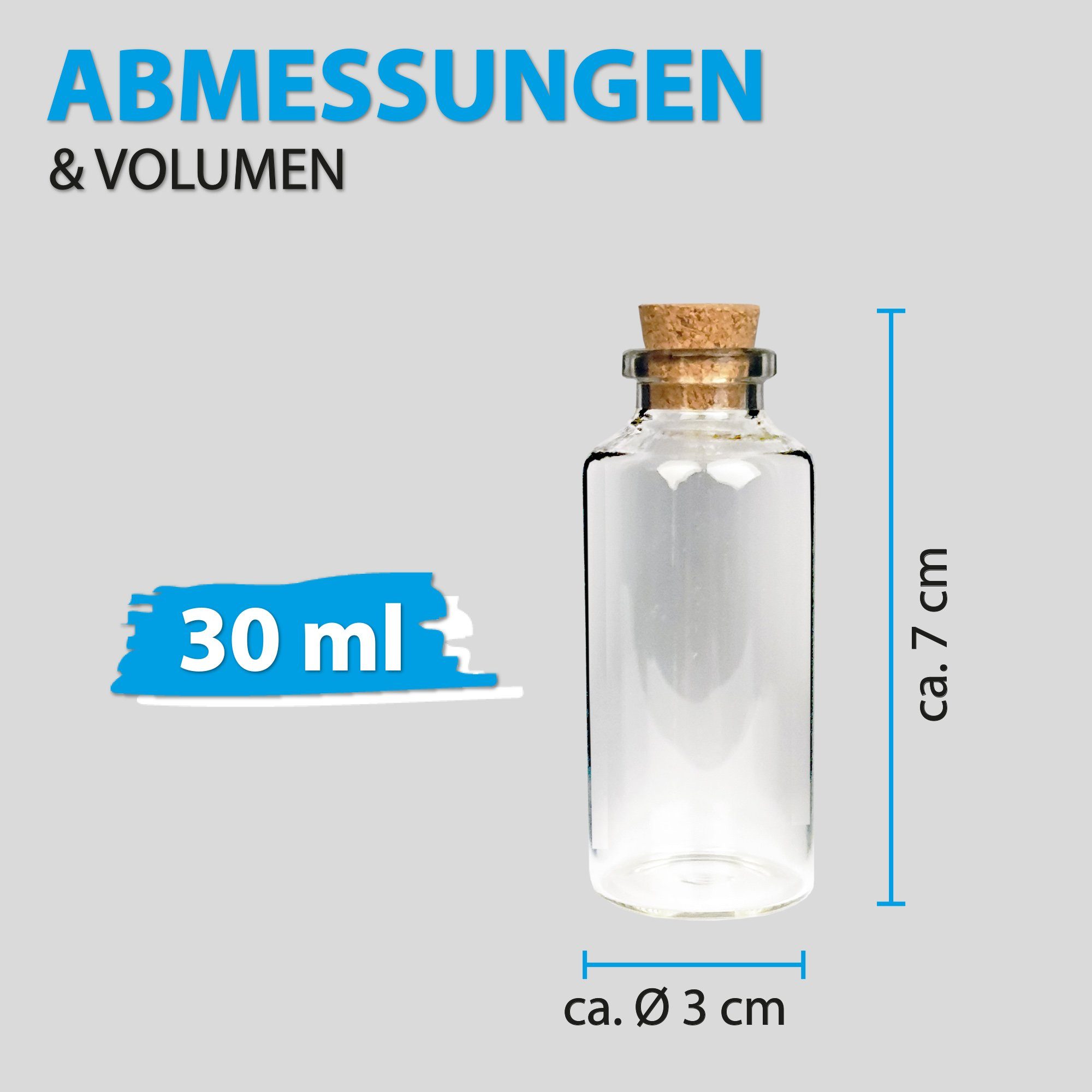Bestlivings Vorratsglas Fläschchen mit Korken Mix, Glas, (3cm x 7cm, 24-tlg., 30ml), Reagenzglas für Hochzeit - Mini Gläser Gastgeschenke Glasfläschchen – Bild 2 von 5