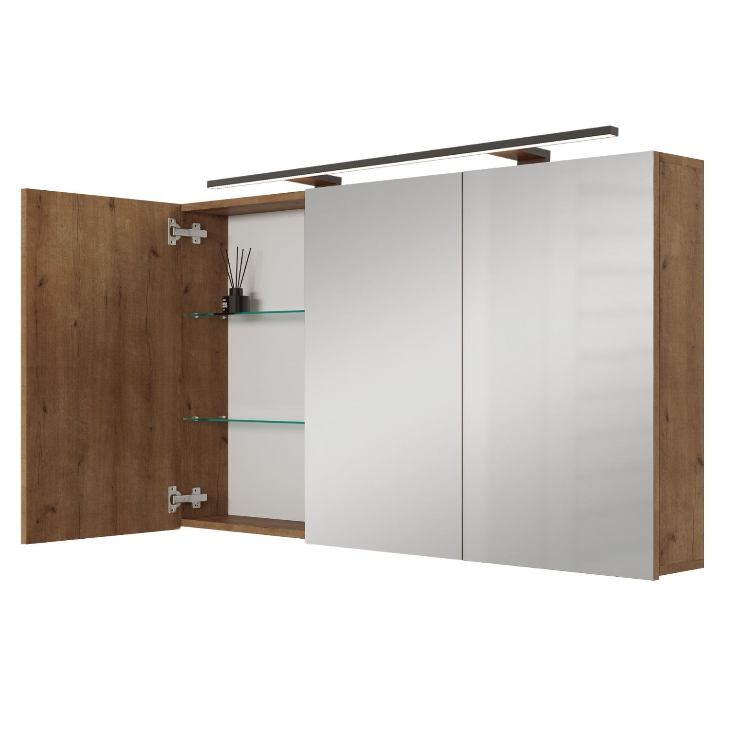 Planetmöbel Spiegelschrank ARIA Badschrank mit Spiegel hängend 120 cm (Spiegelschrank Bad 120 cm mit Beleuchtung und Steckdose, Badspiegelschrank 3-türig) Steckdose für Elektrogeräte