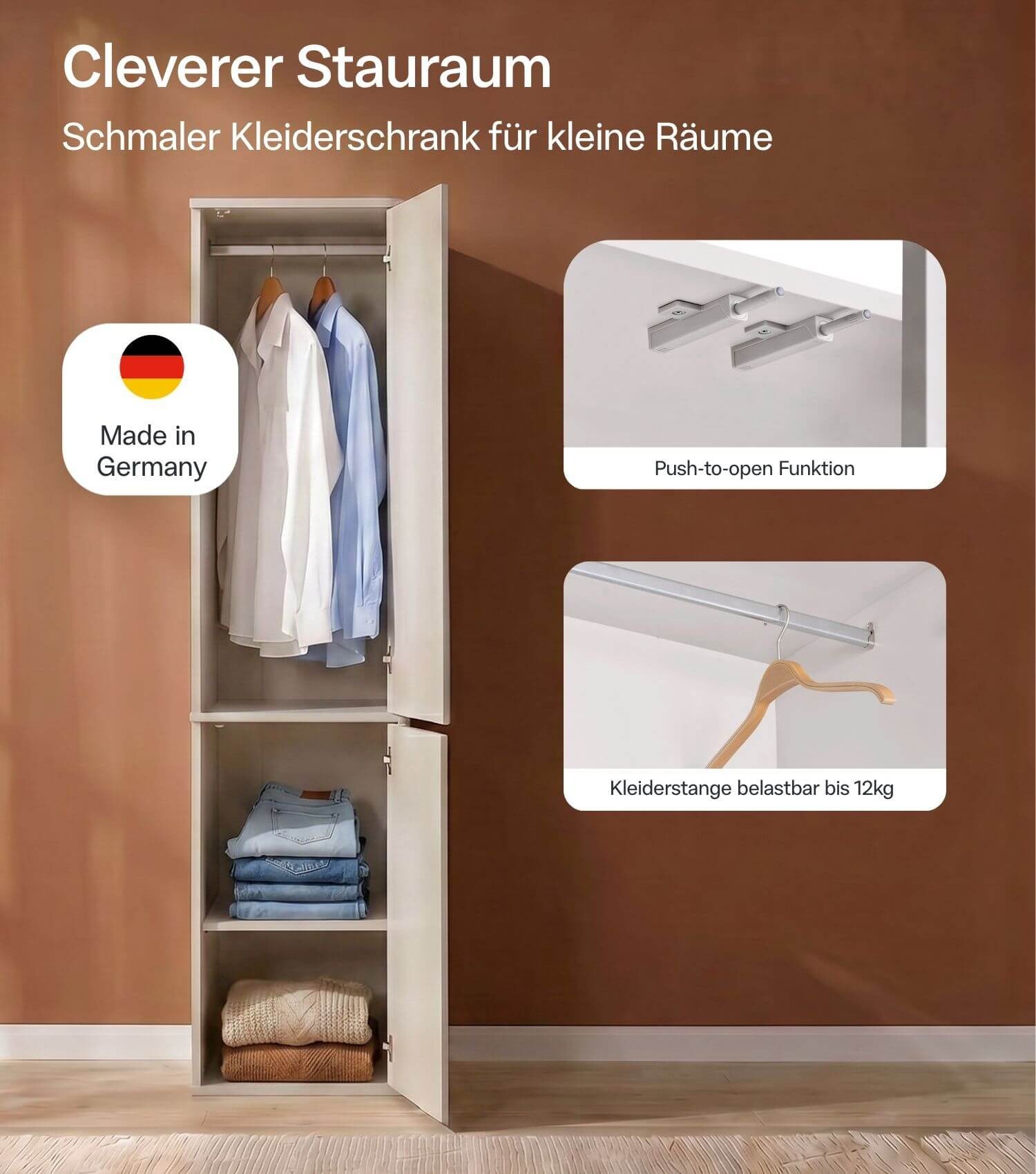 mokebo Kleiderschrank in Kaschmir-Beige 'Robe' (47x197 cm, mit Push-to-Open) Made in Germany, Schlafzimmer Schrank, mit Schubladen, Kaschmir Beige