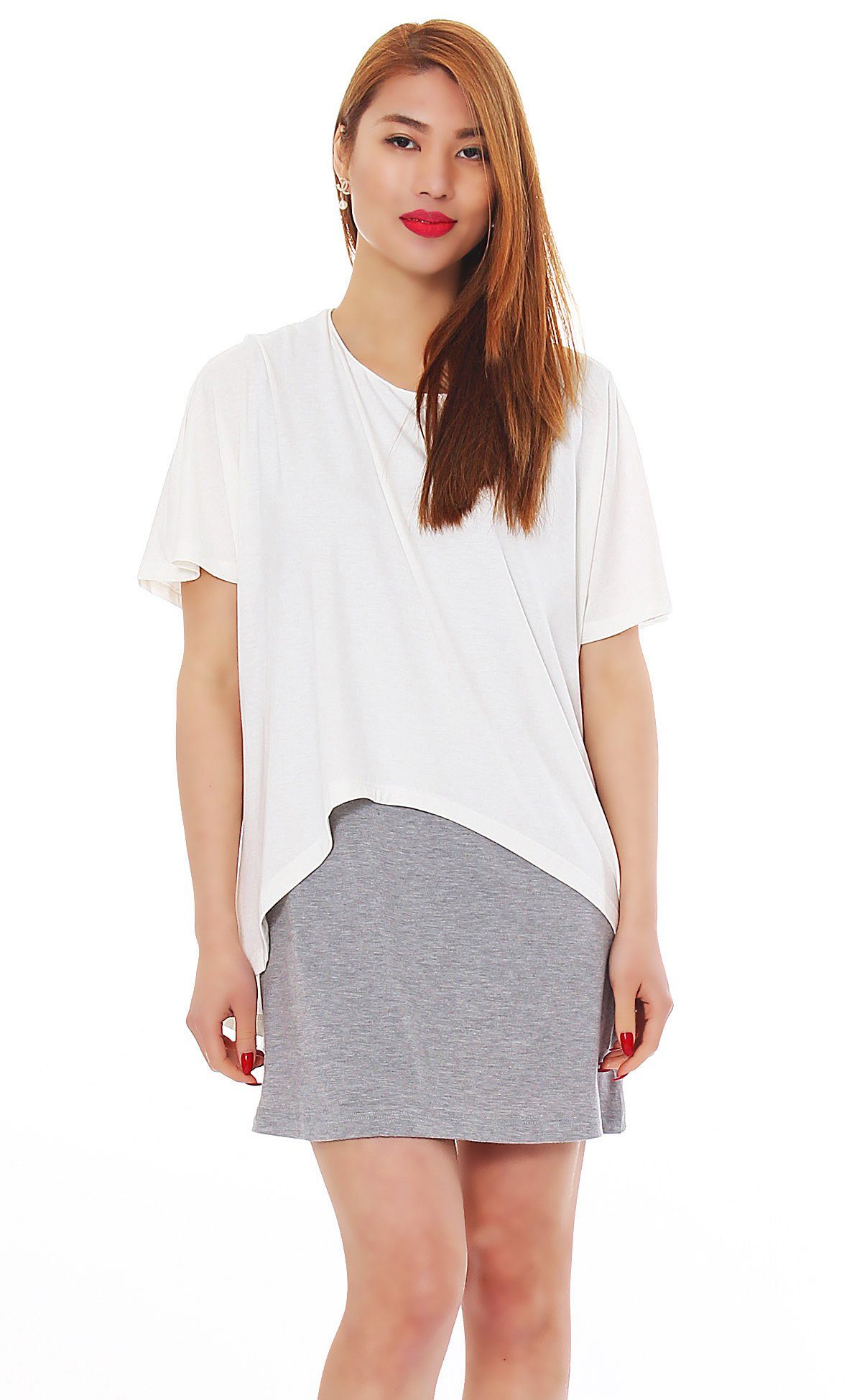 Mississhop Damen Oberteil T-Shirt Grau 2-in-1-Shirt Kurzarmshirt Longshirt Kreme Kleid / Bluse