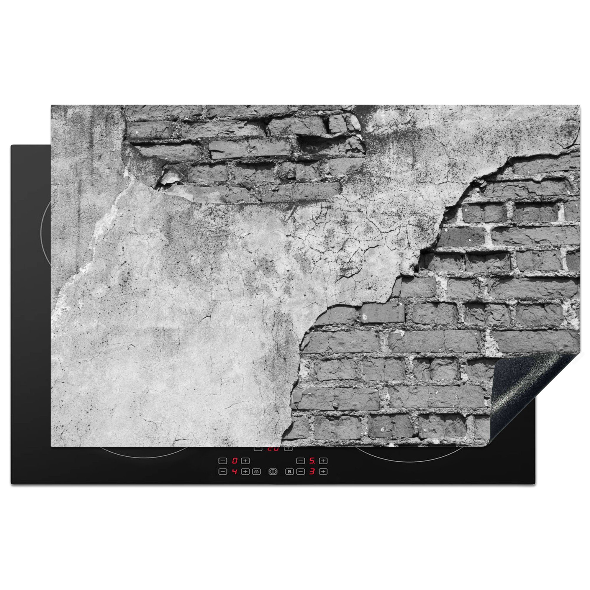 MuchoWow Herdblende-/Abdeckplatte Wand - Backstein - Beton - Schwarz - Weiß, Vinyl, (1 tlg), 81x52 cm, Induktionskochfeld Schutz für die küche, Ceranfeldabdeckung
