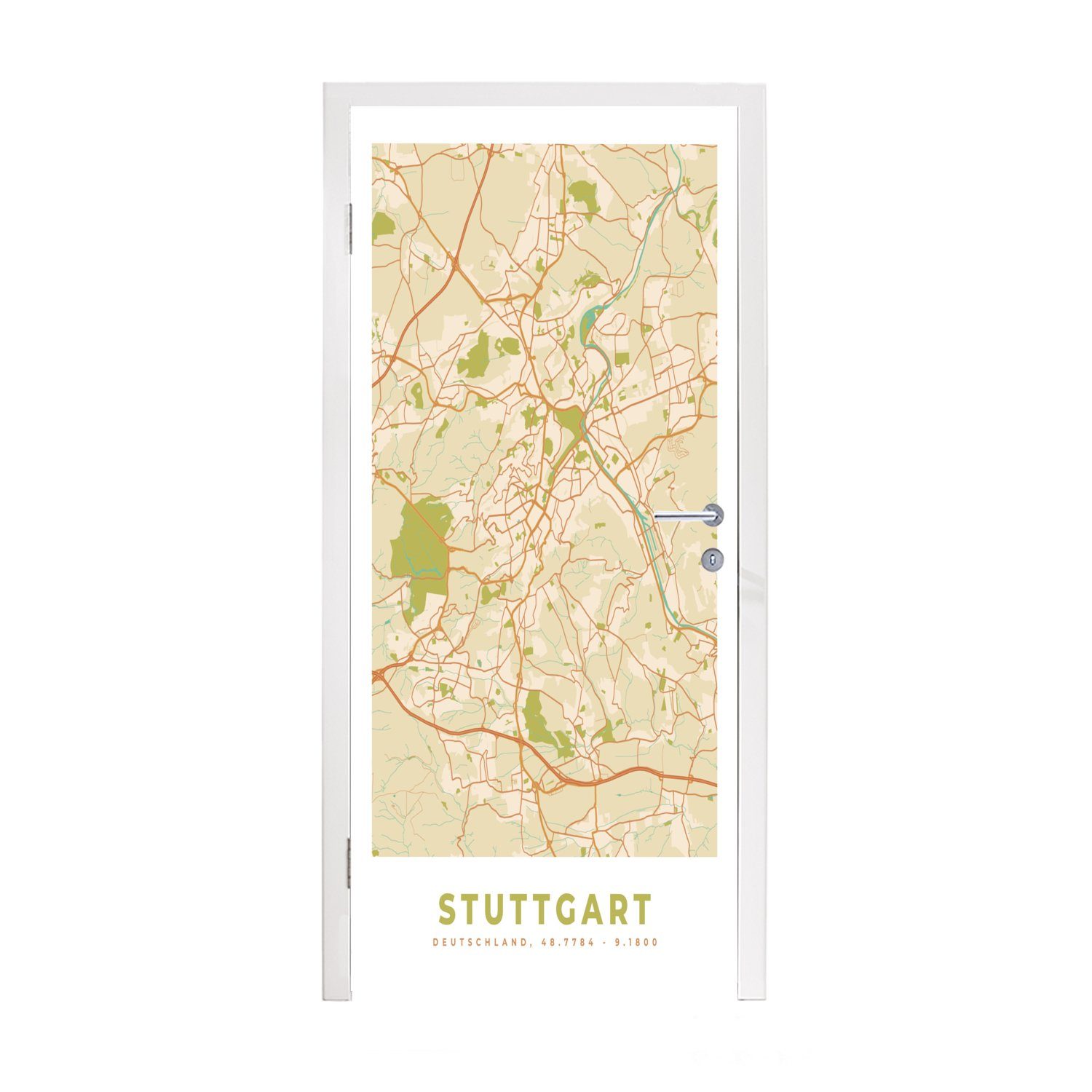MuchoWow Türtapete Karte - Stuttgart - Jahrgang - Karte, Matt, bedruckt, (1 St), Fototapete für Tür, Türaufkleber, 75x205 cm