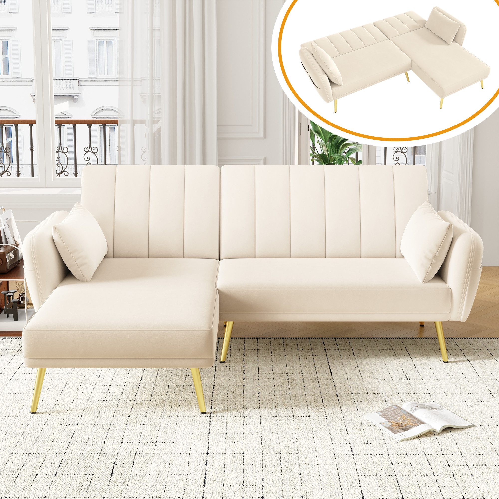 Odikalo 3-Sitzer Schlafsofa Relaxsofa Freizeitsofa Verstellbare Velvet Beige Blau