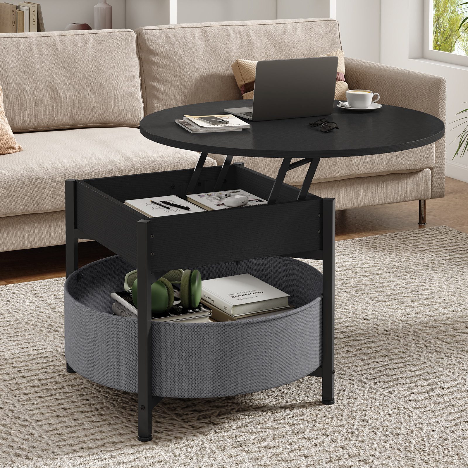 MSMASK Couchtisch Wohnzimmertisch mit Korb aus Stoff, höhenverstellbar (1-St), Rundes Lift-Top-Couchtisch, Beistelltisch, Kaffeetisch, 70x70x50 cm
