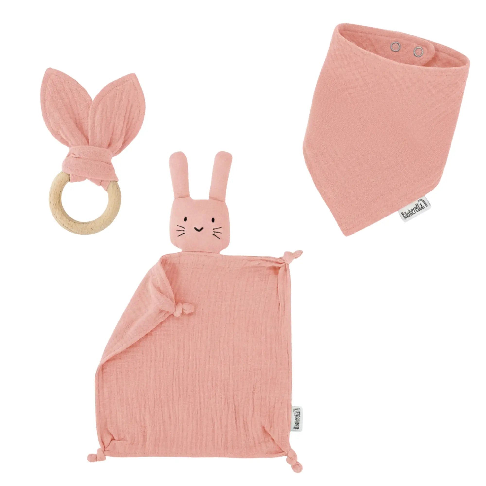 Räuberella Neugeborenen-Geschenkset Baby Geschenkset Rosa – Schmusetuch, Holz-Beißring & Halstuch (3-tlg) Bio-Musselin, unbehandeltes Holz, 4 Druckknöpfe