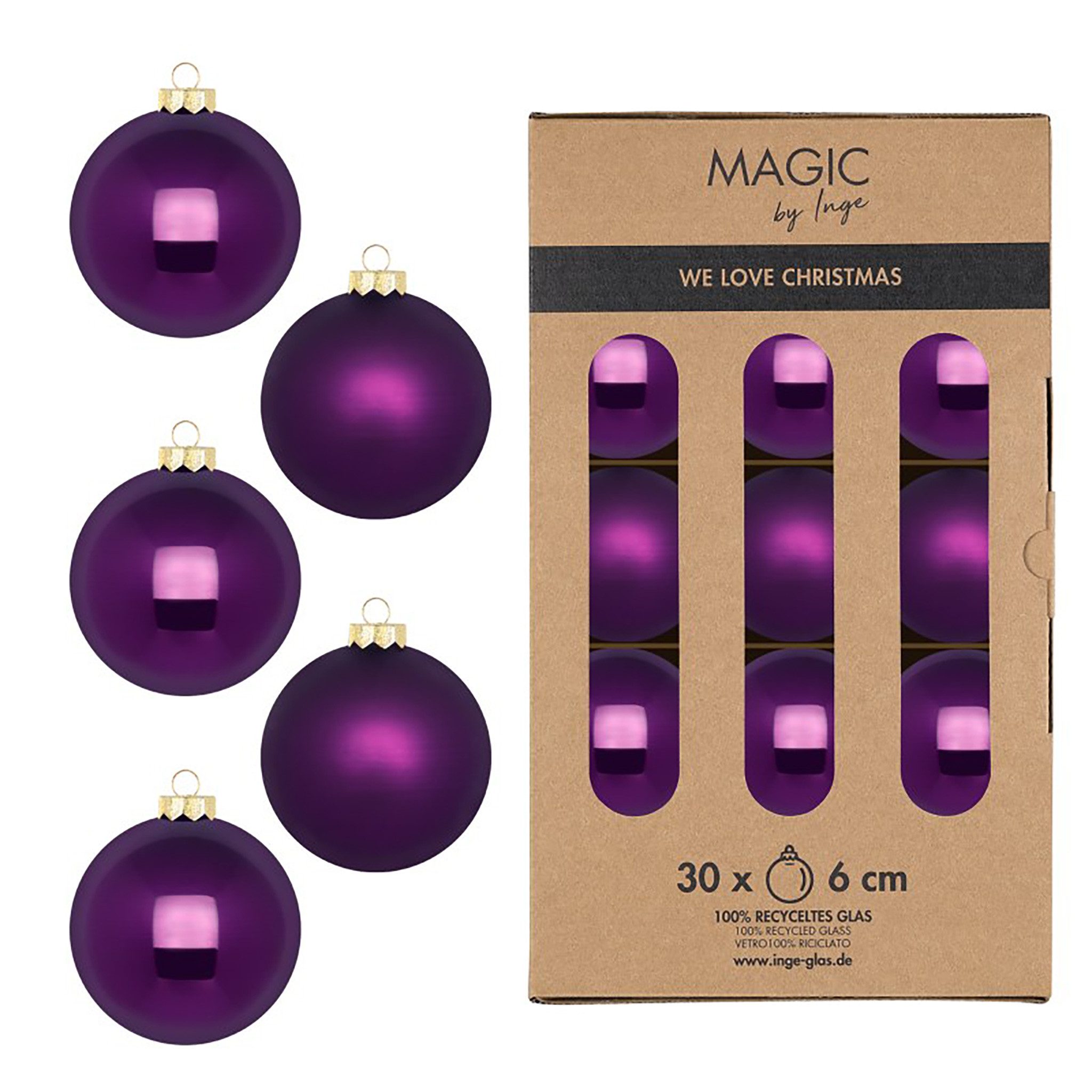 Holly & Jolly Weihnachtsbaumkugel, Weihnachtskugeln Glas 6cm 30 Stück - Purple Symphony