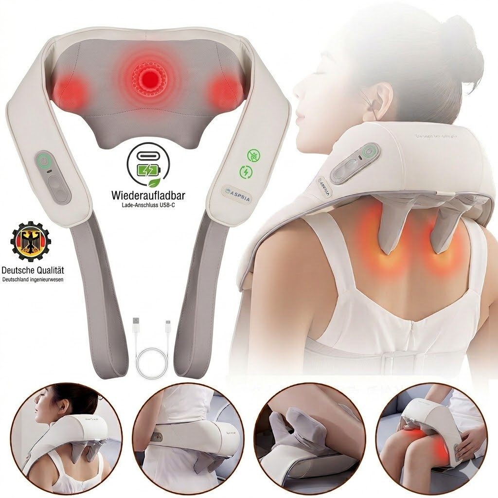 ASPRIA Nacken-Massagegerät mit Wärme, 5D Shiatsu Massagegerät für Nacken, Schulter und Rücken, 3 Modi, Freie Hände, Typ-C Tragbares, für Büro Zuhause